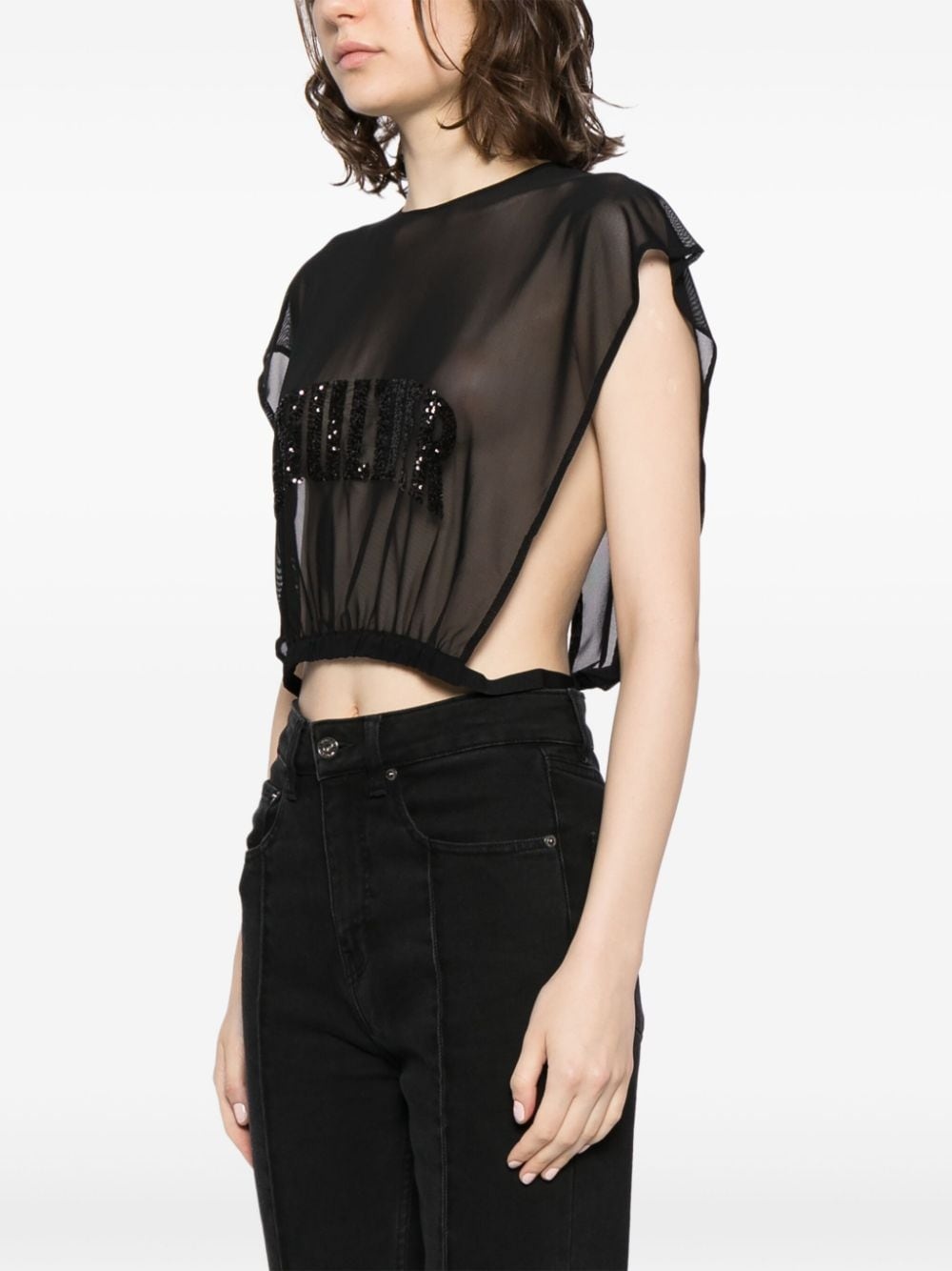 sequin-embellishment semi-sheer top - 3