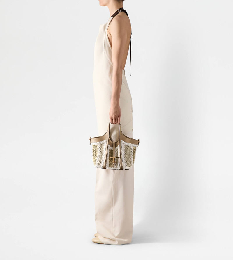 T TIMELESS SHOPPING BAG IN RAFFIA AND LEATHER MINI - BEIGE, WHITE 9