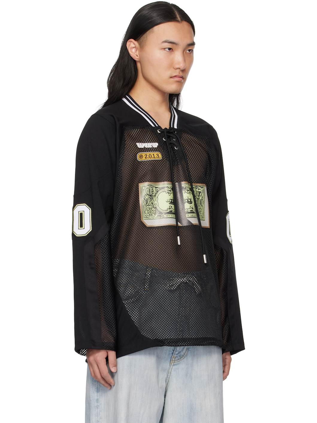 Tシャツ・カットソー Off-White BANKNOTE MESH HOCKEY L/S TEE / BLK LIME CRM Off-White Black Banknote Mesh Hockey Long Sleeve T-shirt