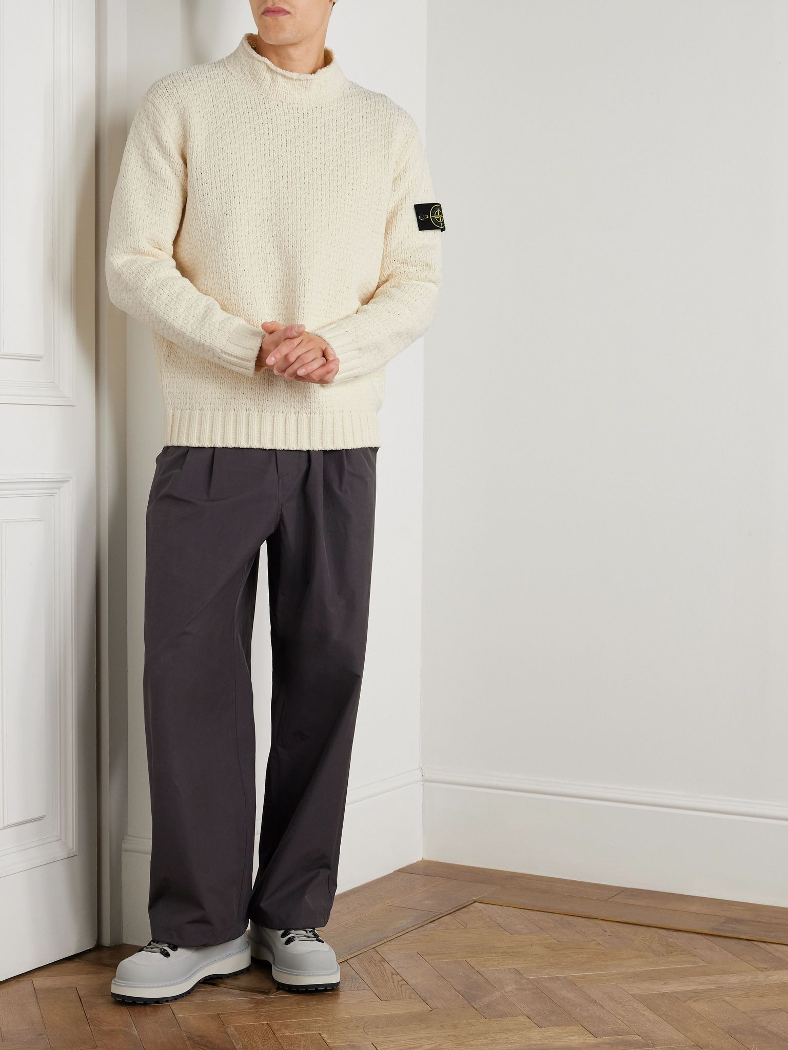 Logo-Appliquéd Cotton-Chenille Mock-Neck Sweater Ivory - 2