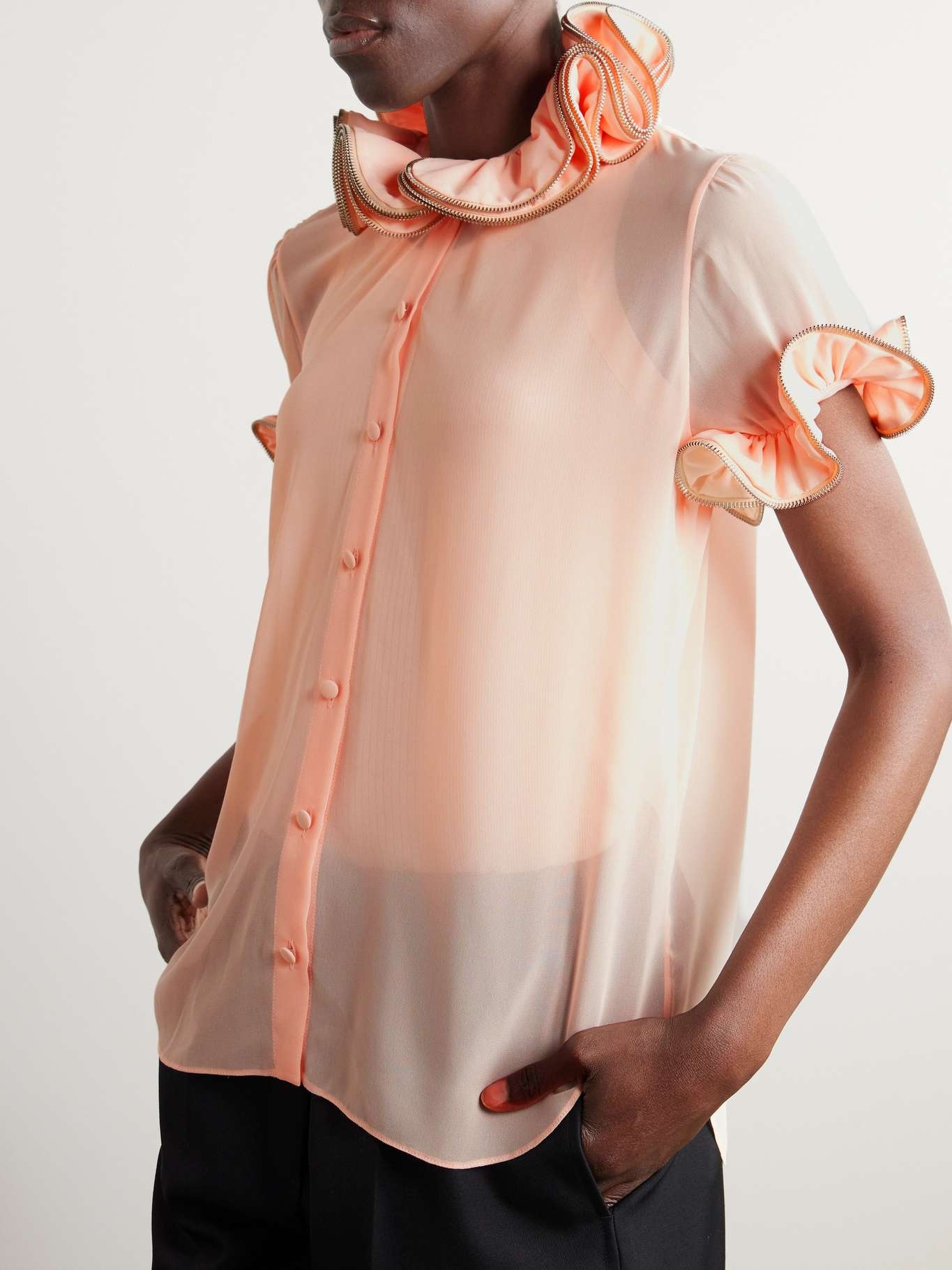 Zip-embellished ruffled chiffon blouse - 3