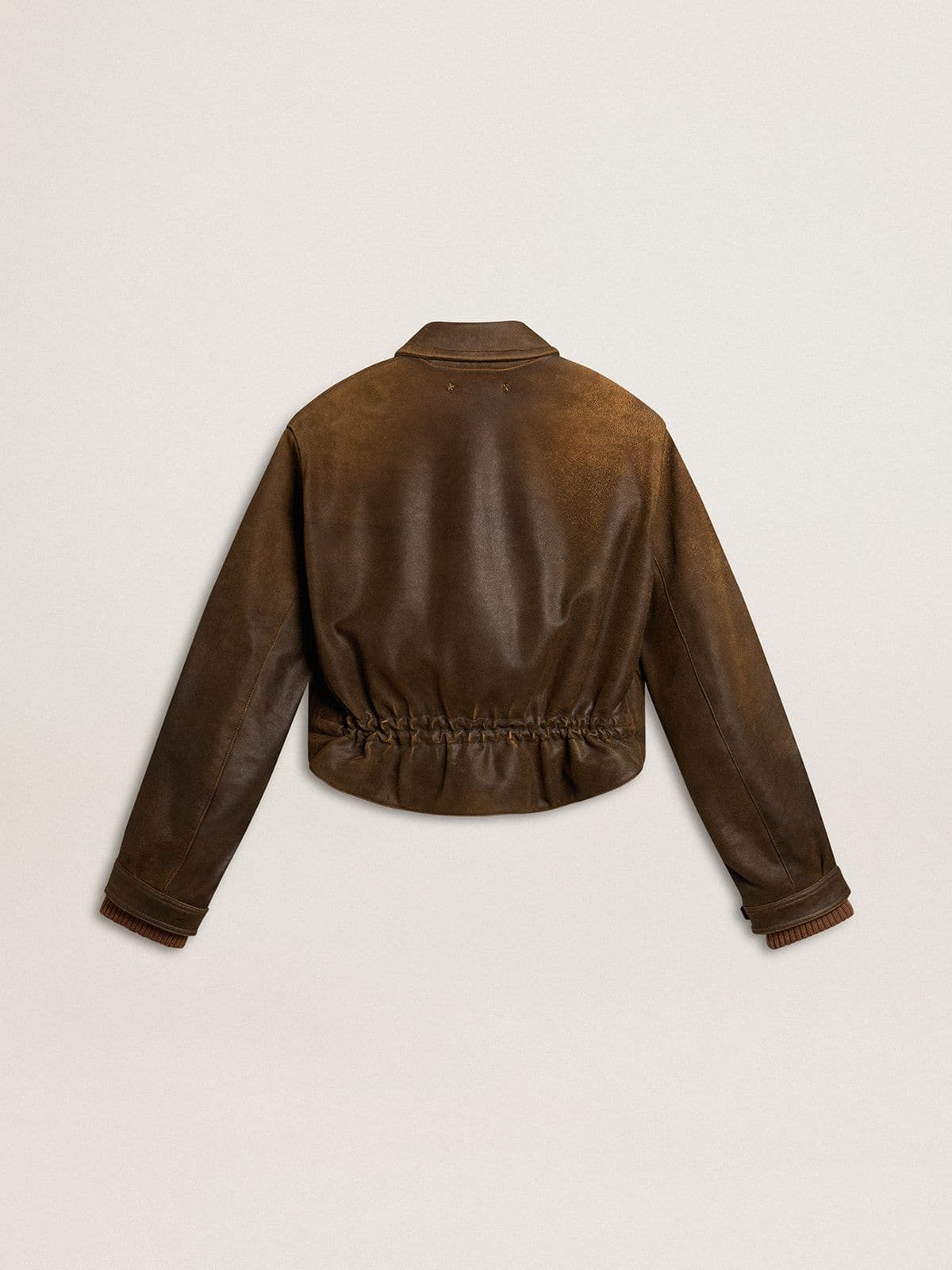 Women’s cropped brown leather biker jacket with zip - 6