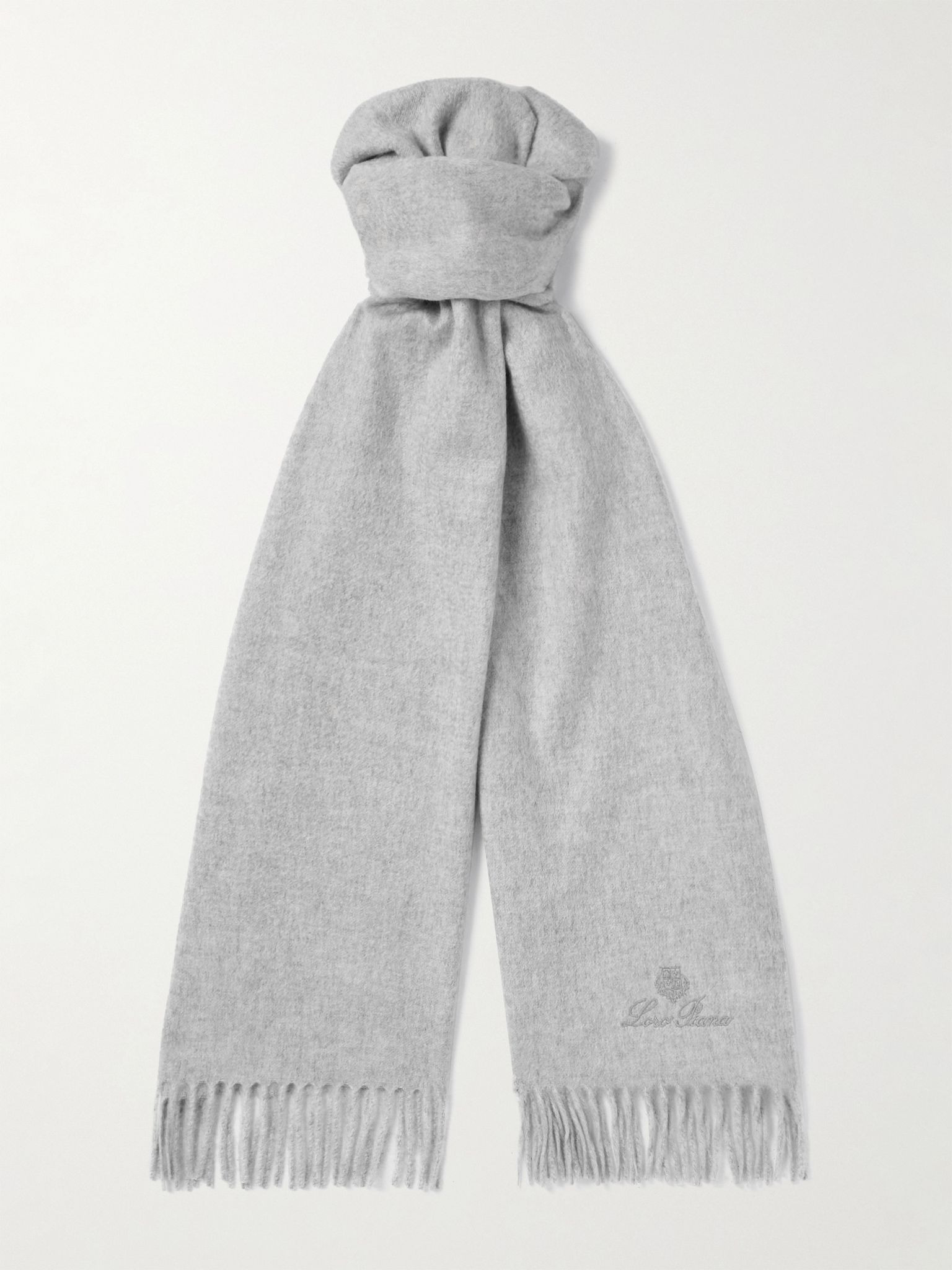 Logo-Embroidered Fringed Cashmere Scarf Gray - 1