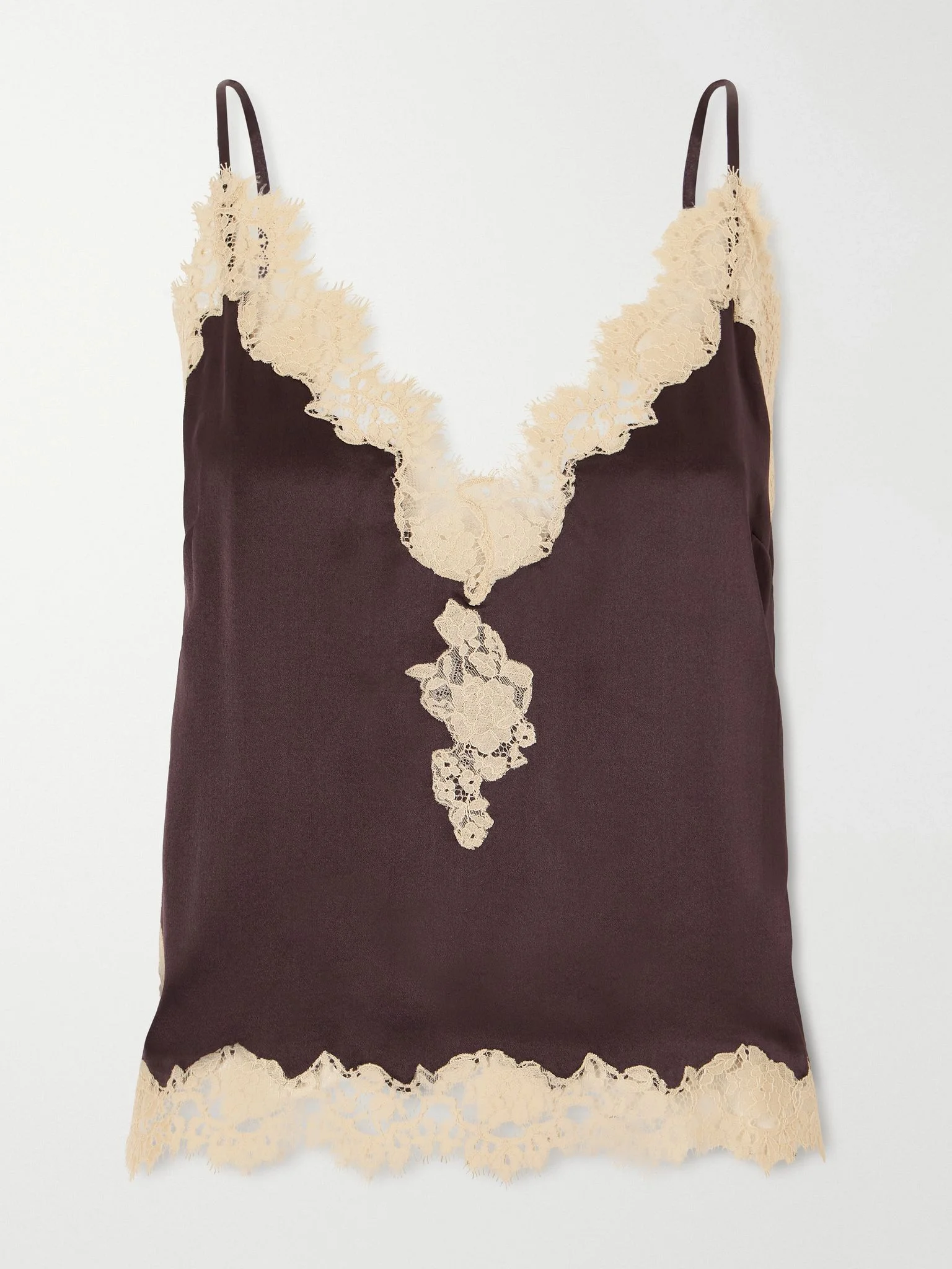 Kira lace-trimmed silk-satin cami Brown - 1