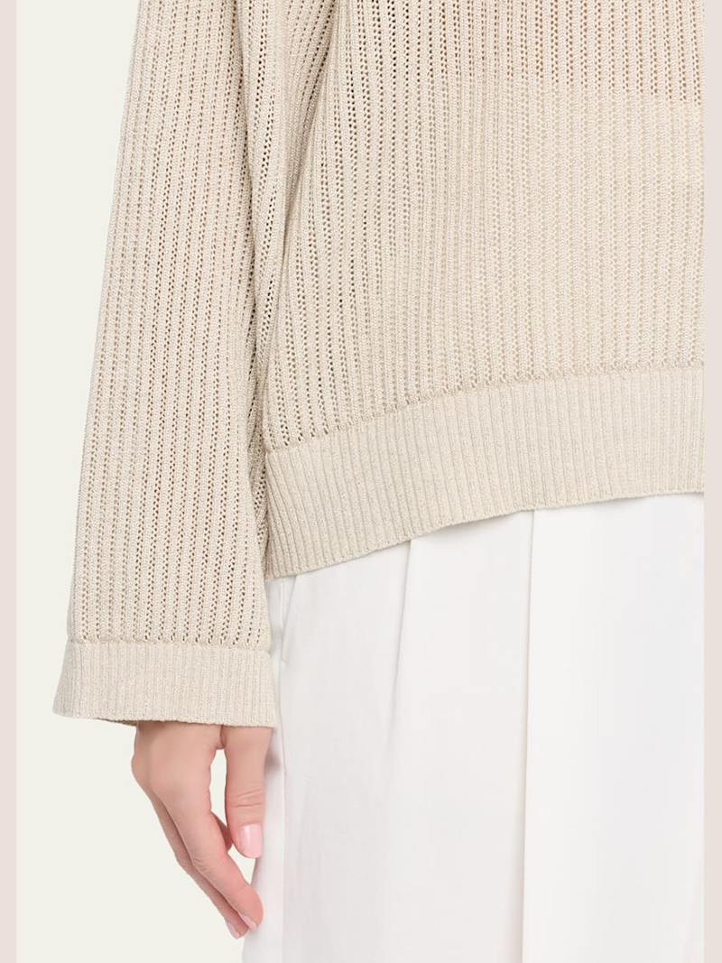 Metallic Openwork Cotton Rib Crewneck Sweater 5