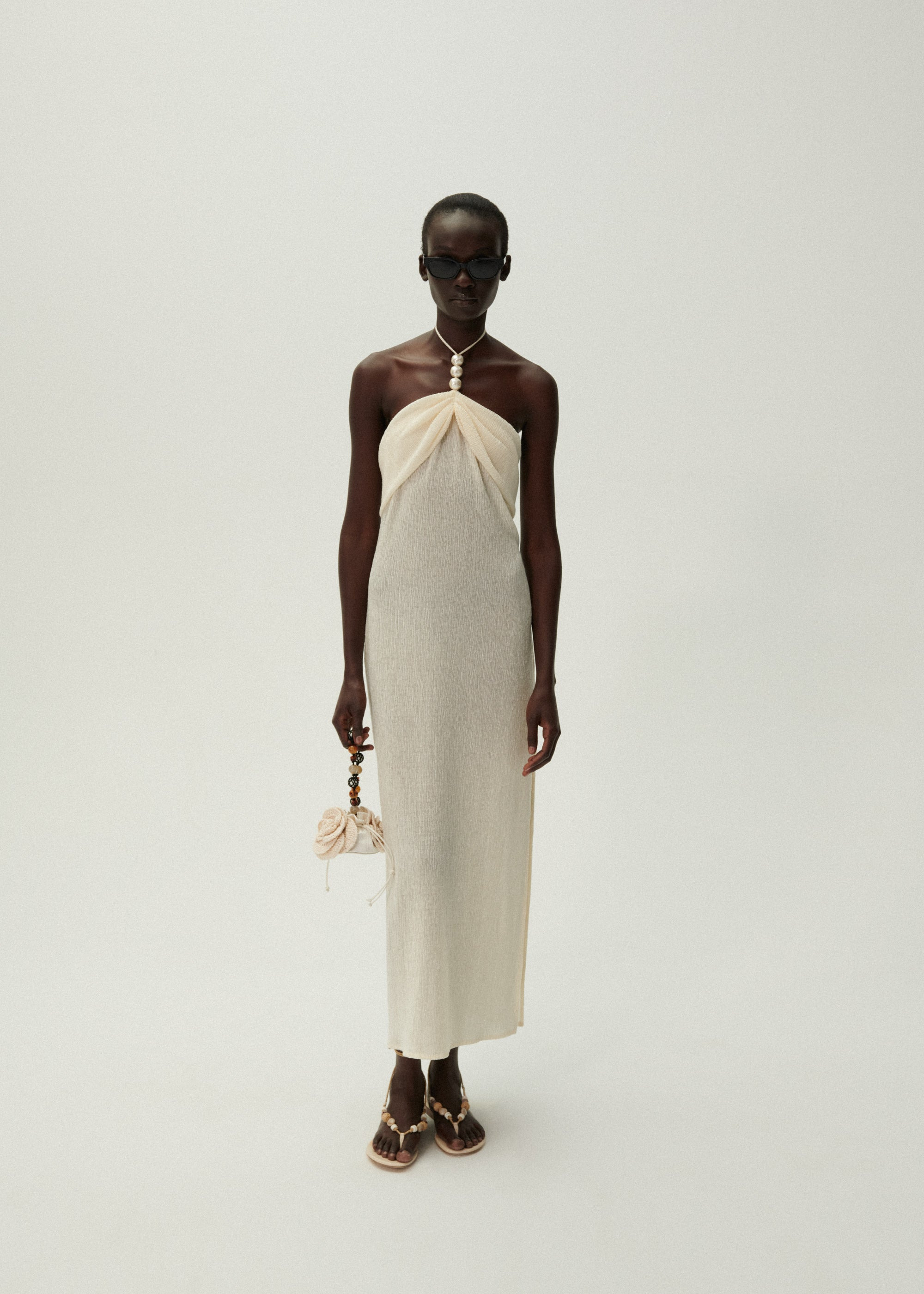Pearl halterneck midi dress in cream - 3