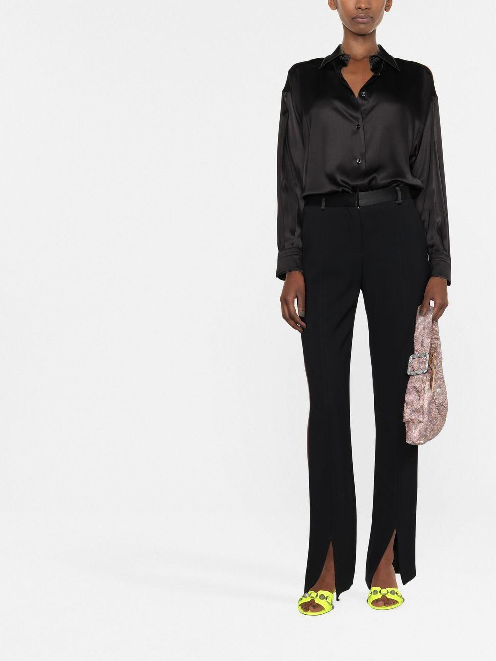 Relaxed-fit black stretch silk satin shirt with mother-of-pearl buttons. - 2