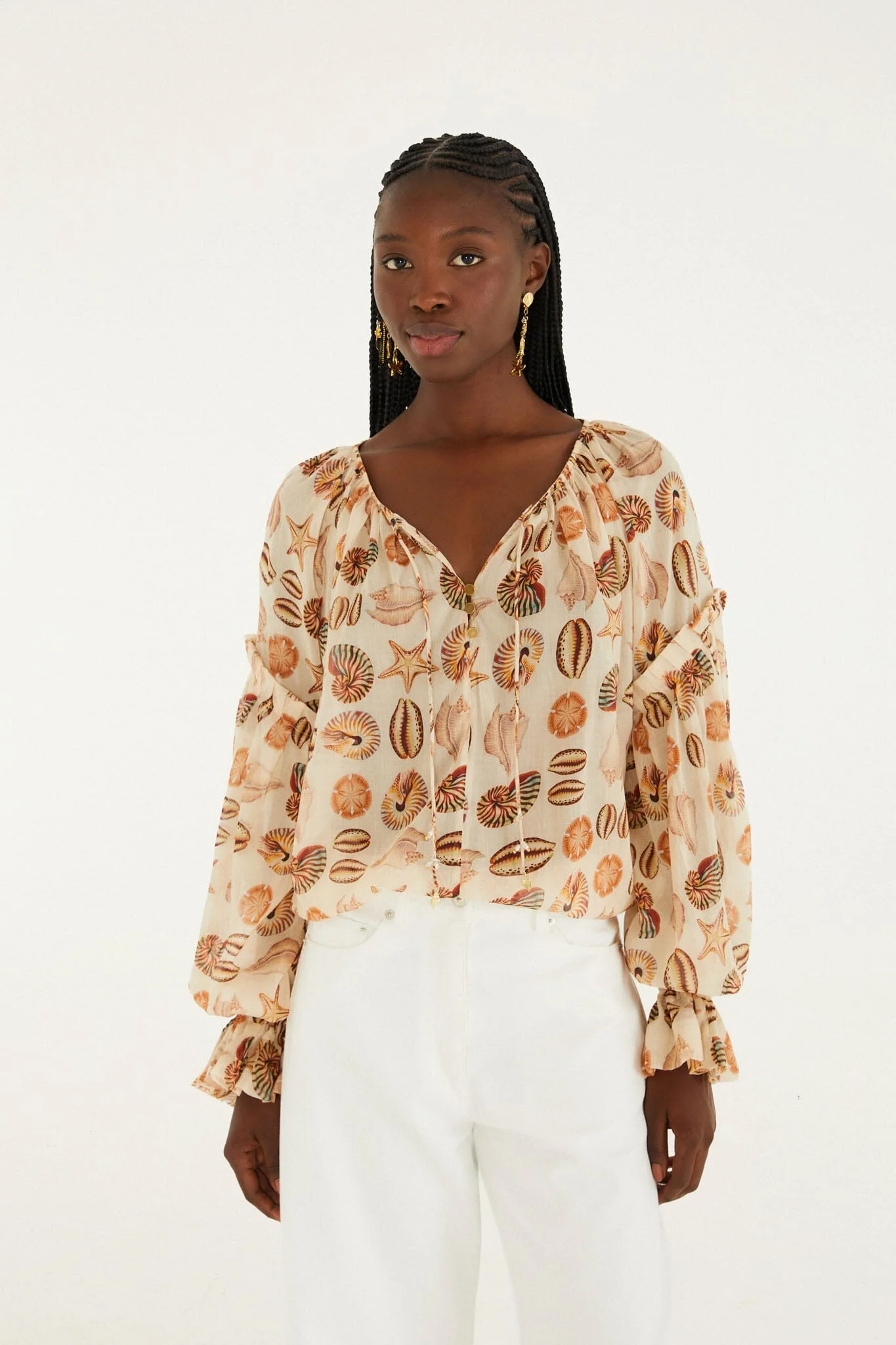 Sand Marine Shells Beaded Ties Blouse - 1