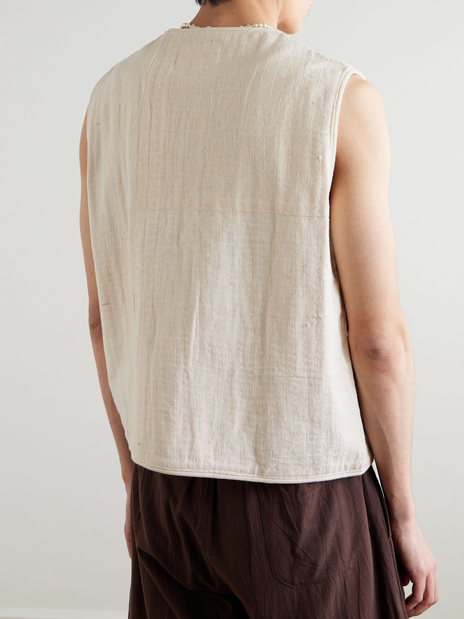 Kantha Embellished Embroidered Cotton Vest Beige - 3