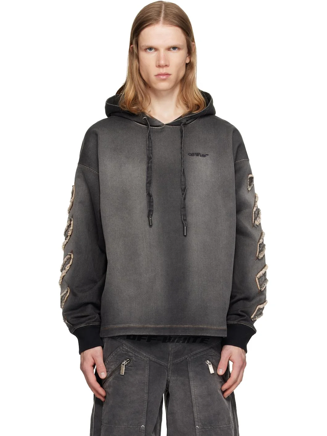 Gray Distress Diag Loose Highlighted B Hoodie - 1