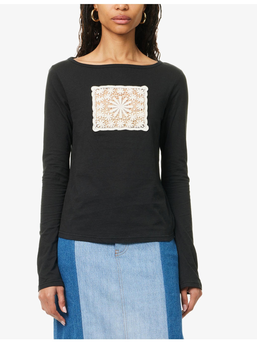 Doilie Embroidered-Patch Long-Sleeve Cotton-Jersey Top - 3