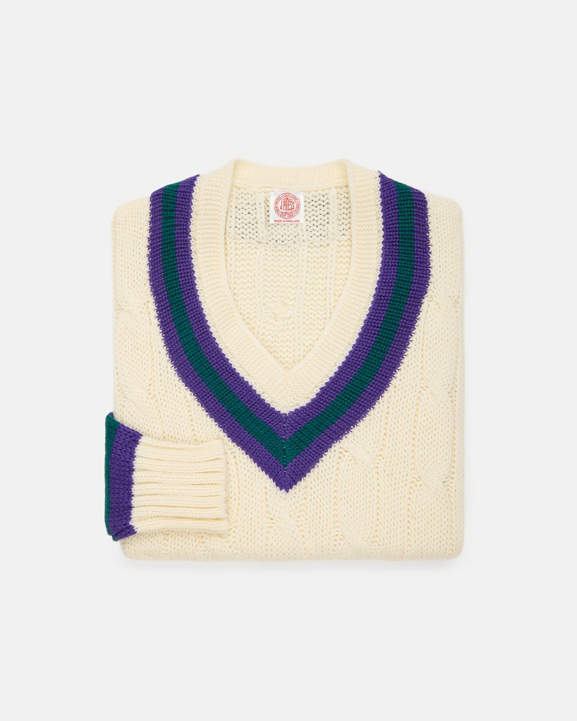 MADE-IN-ENGLAND PURPLE & GREEN CABLE KNIT CRICKET SWEATER - 1