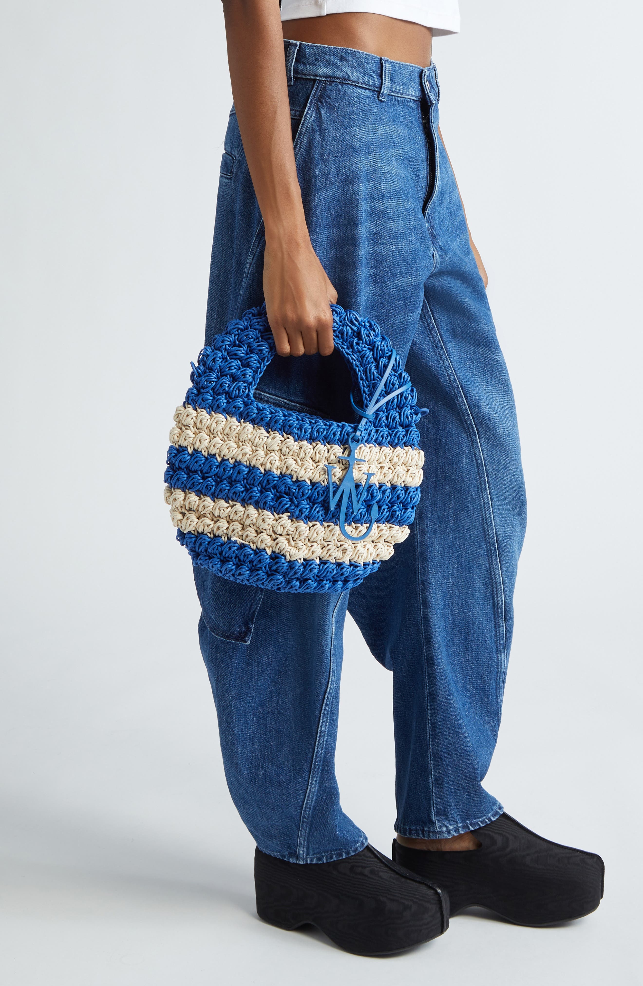 JW Anderson Popcorn Crocheted Cotton Basket Bag in Blue/Off White at Nordstrom - 3