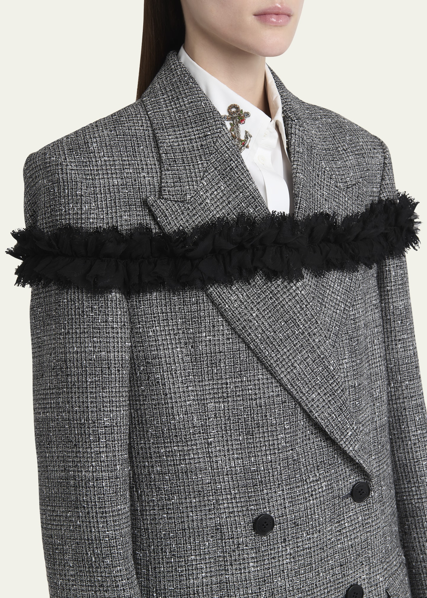Ruffle Paillette Check Tweed Double-Breasted Long Coat - 5