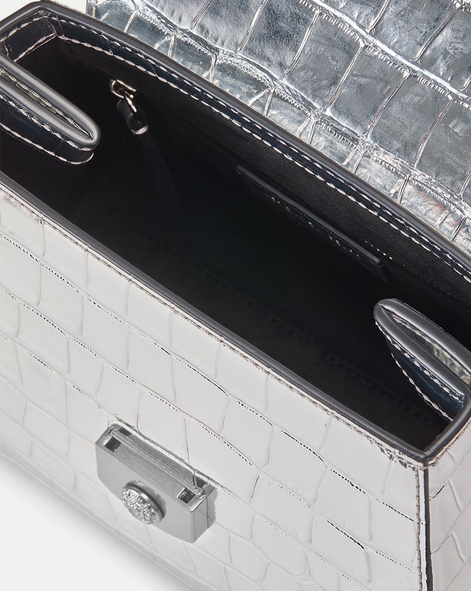 CROC-EMBOSSED CREST LOCK TOP HANDLE BAG - 4