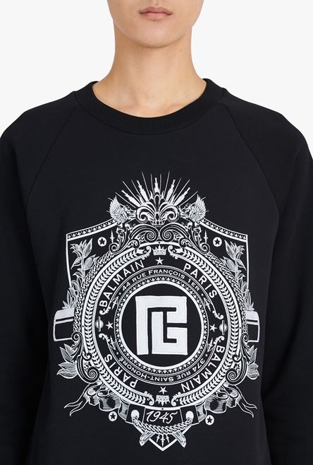 Black cotton sweatshirt with embroidered white Balmain Paris logo - 6