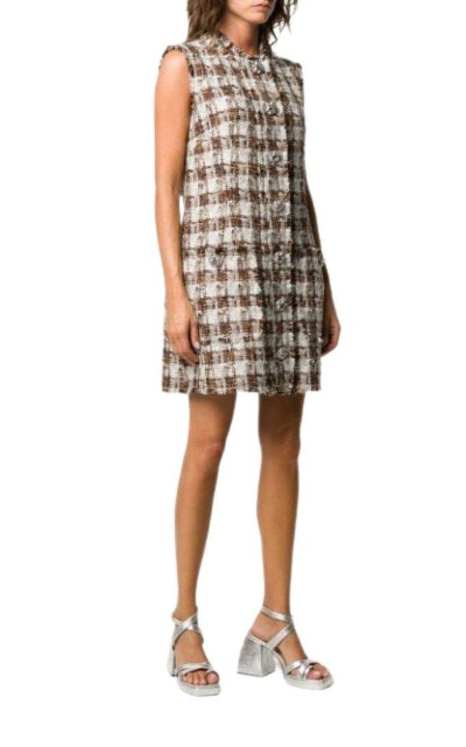 Embellished Checked Tweed Shift Dress - 3