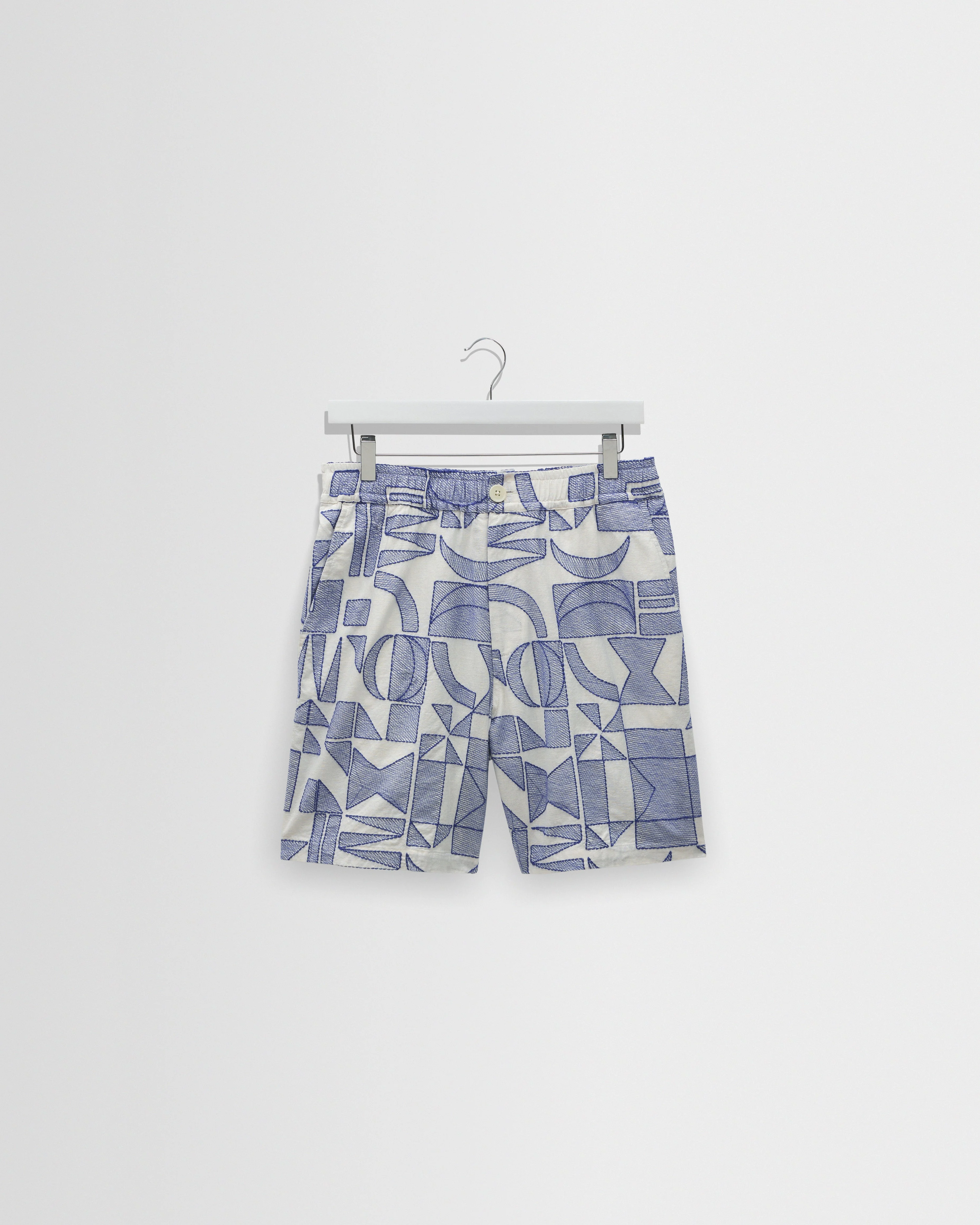 Kurt - Ecru And Blue Geometric Embroidered Shorts - 1