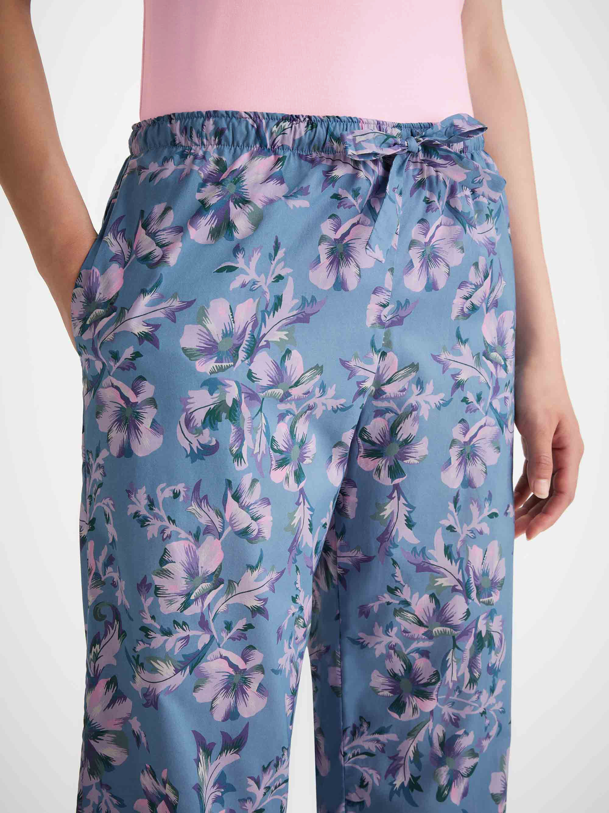 Women's Lounge Pants Cotton Batiste Blue Wildflower Print - 4