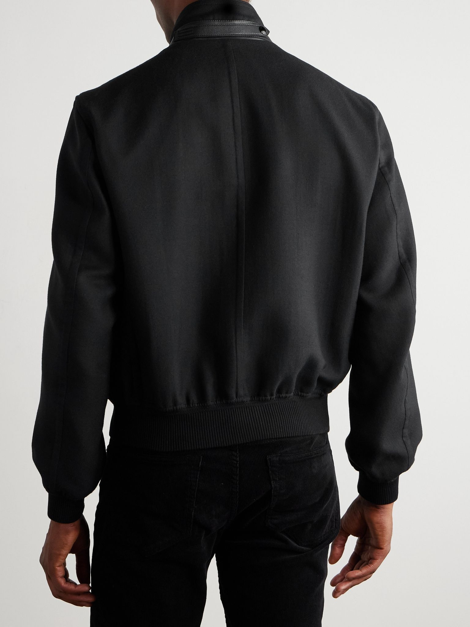Leather-Trimmed Wool and Silk-Blend Twill Bomber Jacket Black - 4