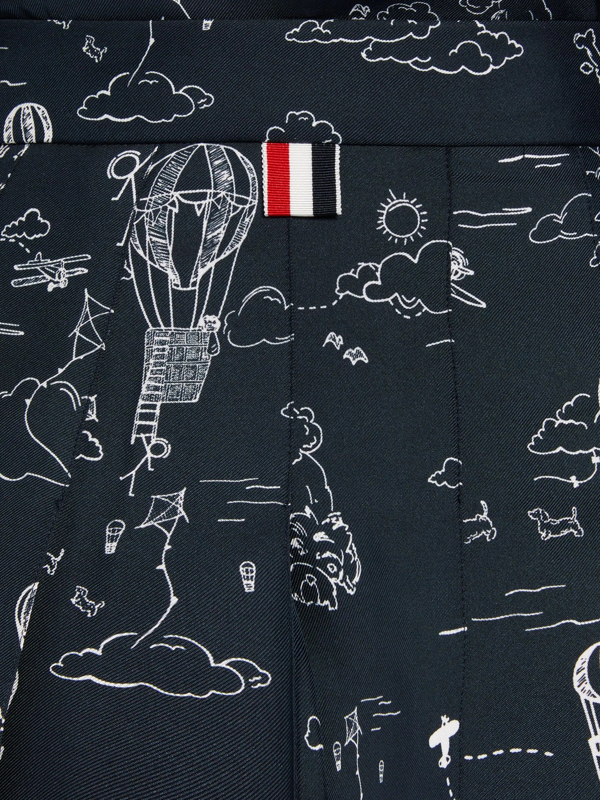 Navy Sky Toile Printed Silk Twill Dropped Back Pleated Below the Knee Skirt - 6