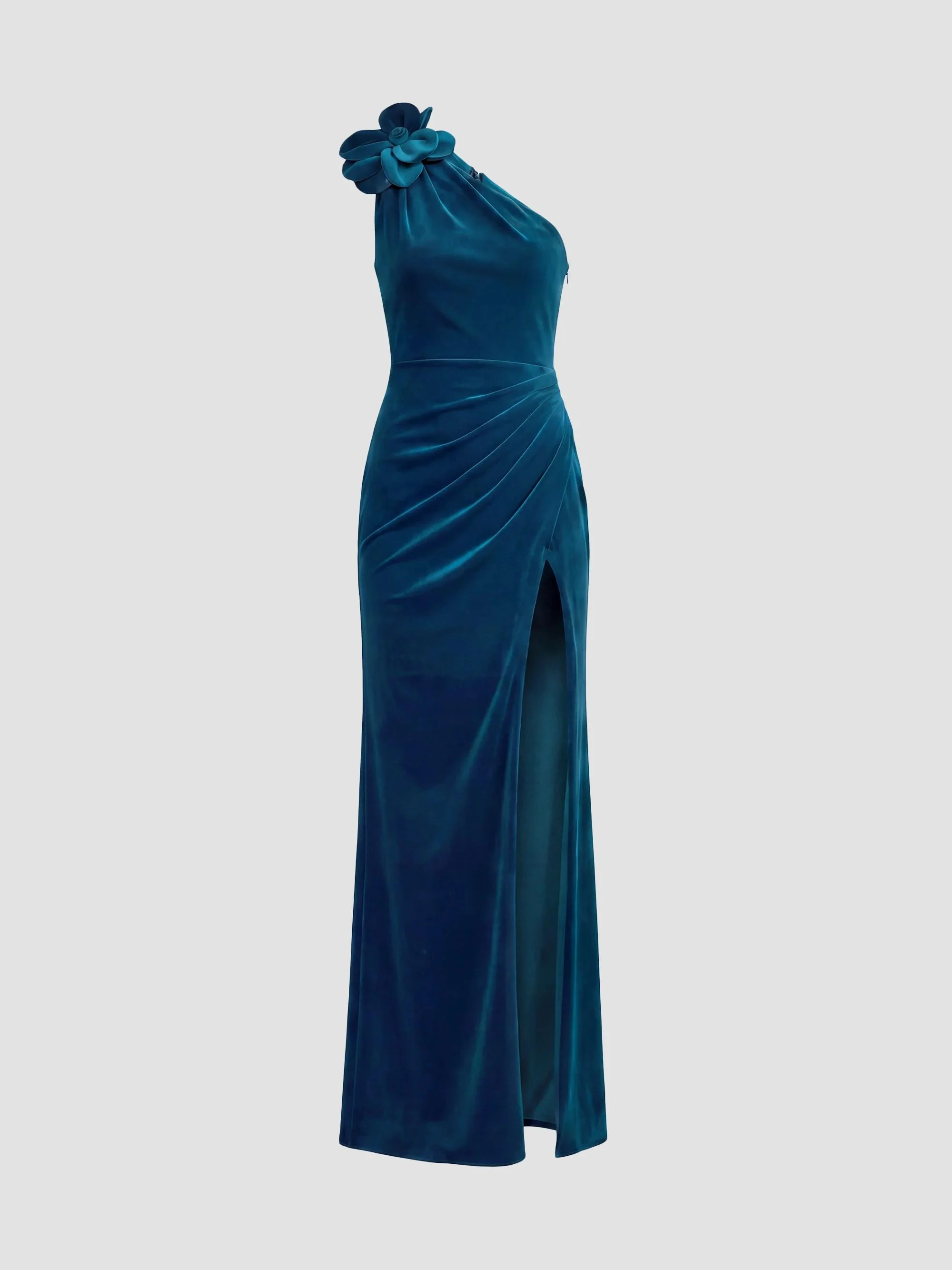 Women's Velvet Floral Detail One-Shoulder Gown - Ocean - 1