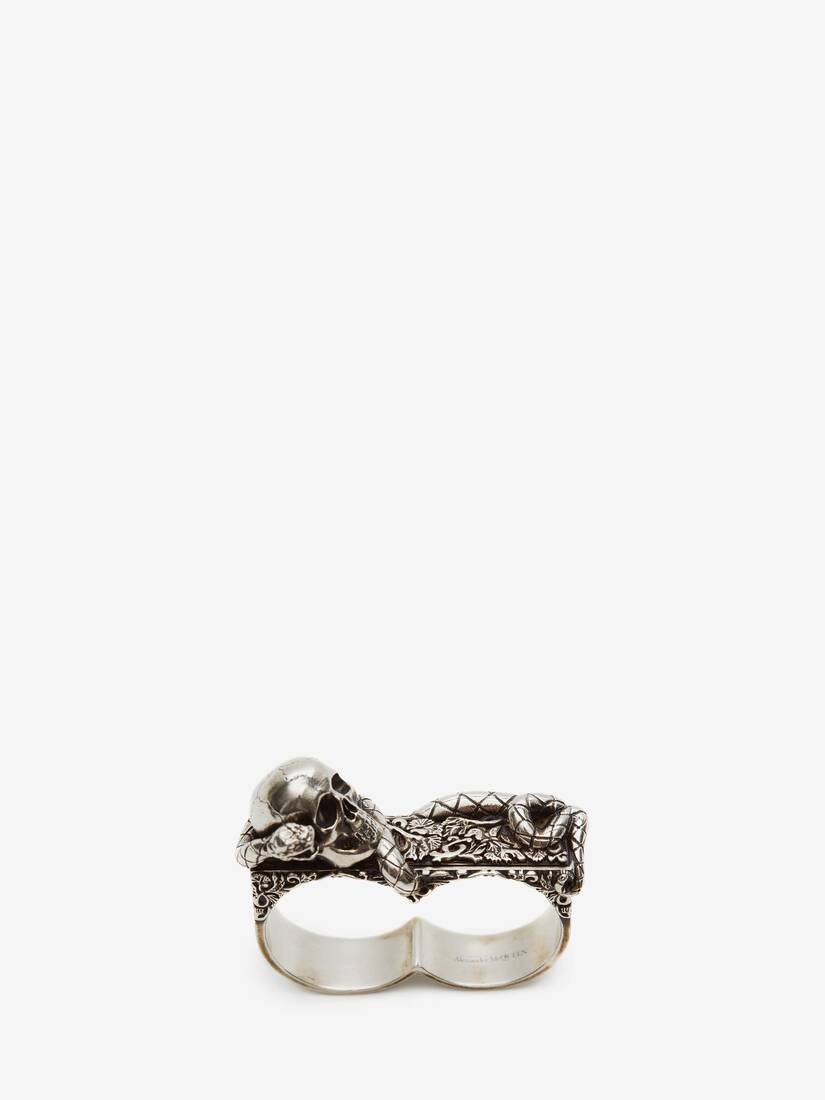 Skull And Snake Double Ring in Antique Silver - 1