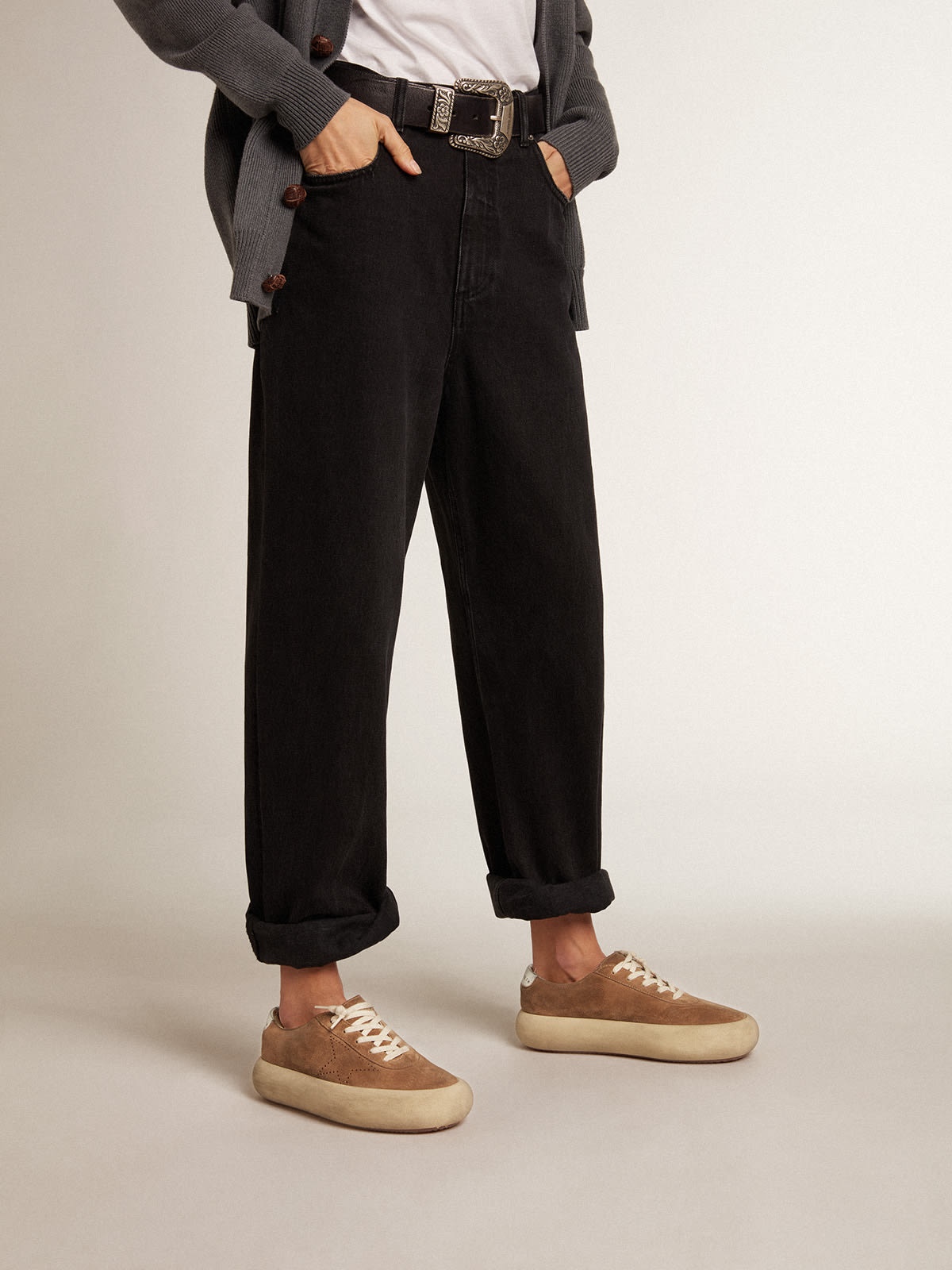 Women's Space-Star shoes in tobacco-colored suede with perforated star and silver metallic leather h - 3