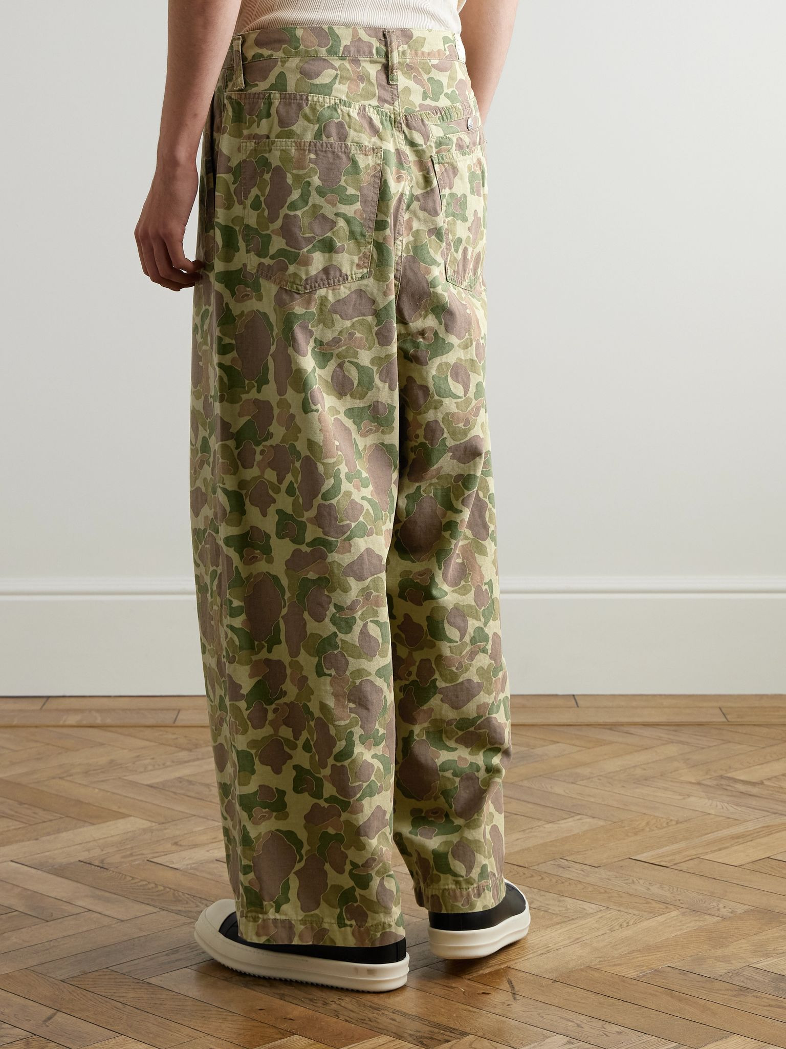 Wide-Leg Camouflage-Print Herringbone Cotton Trousers Green - 4
