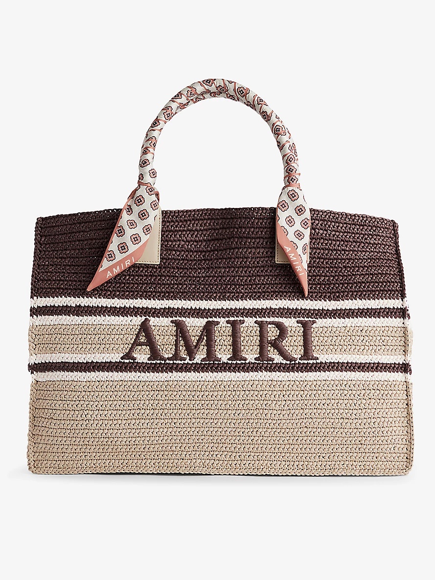 Brand-embroidered striped raffia tote bag - 1