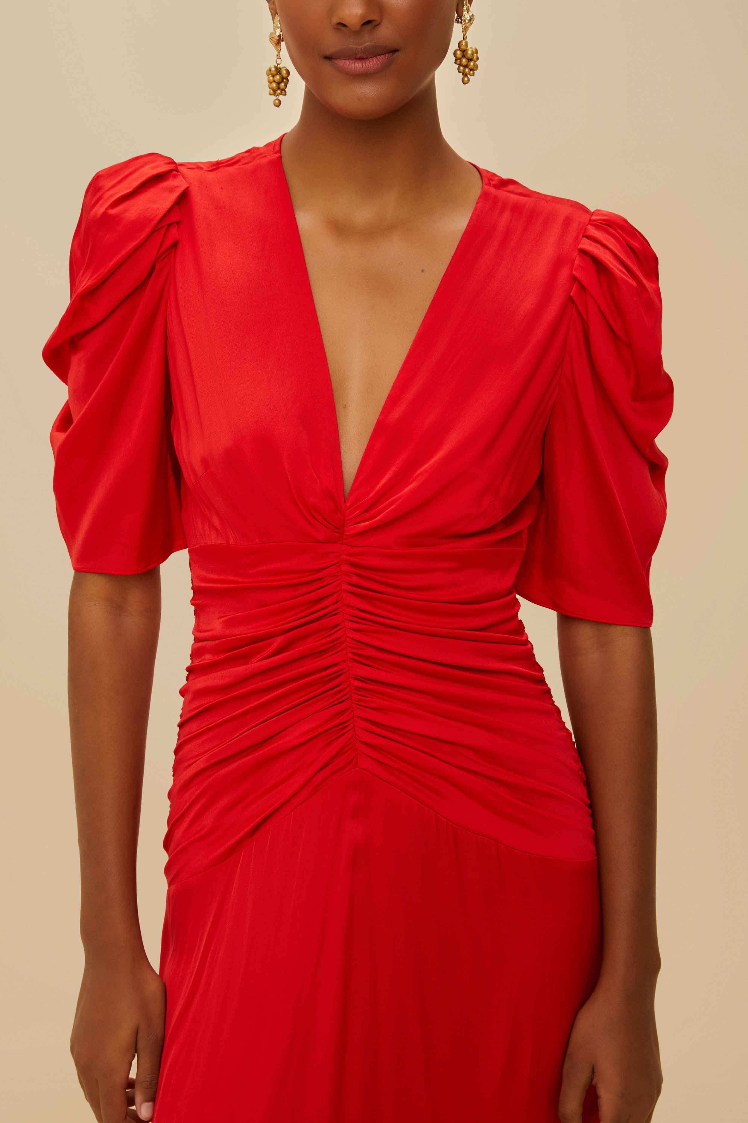 Red Gathered Midi Dress - 2
