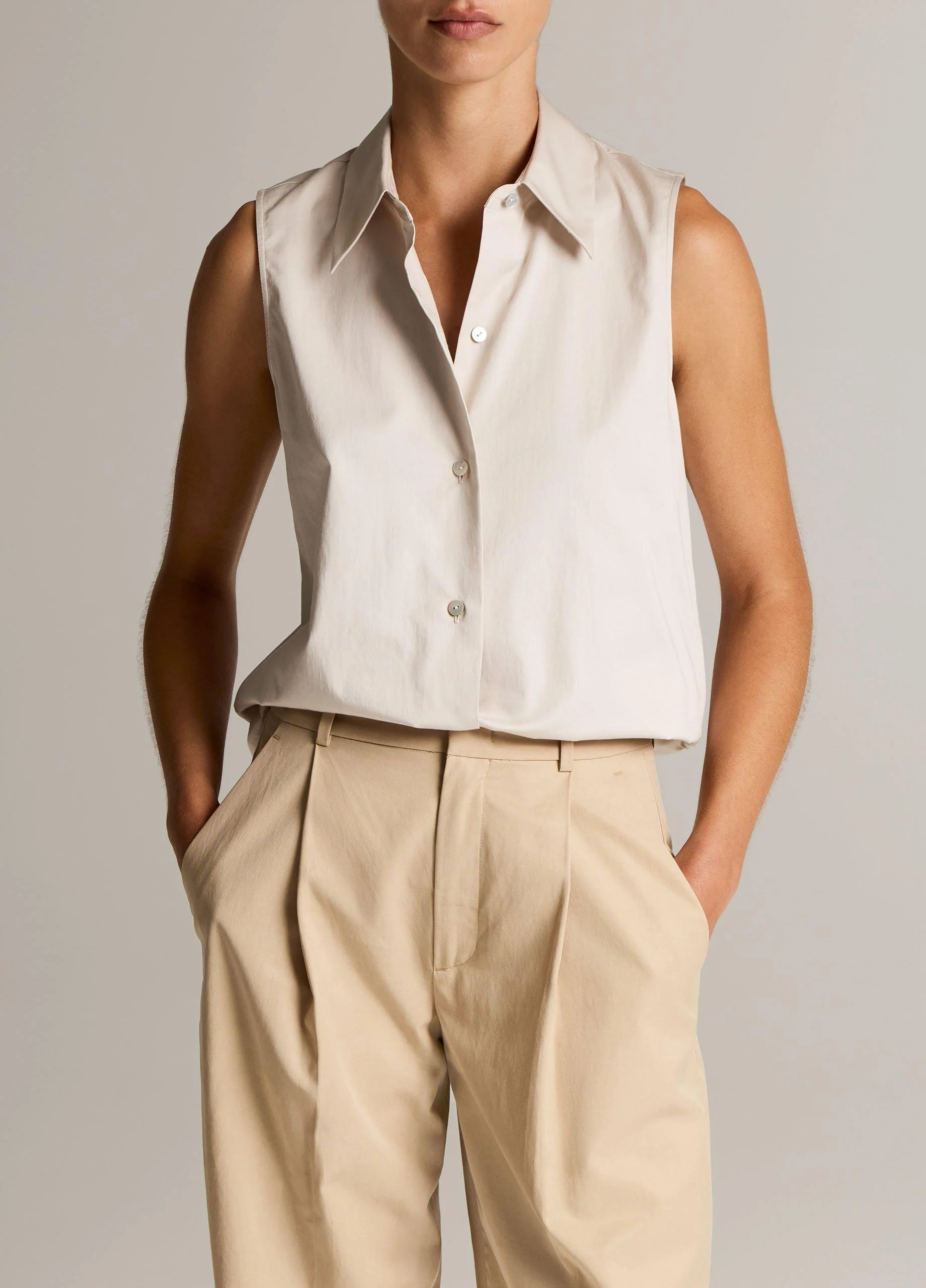 Cotton Relaxed Sleeveless Button-Front Shirt - 1