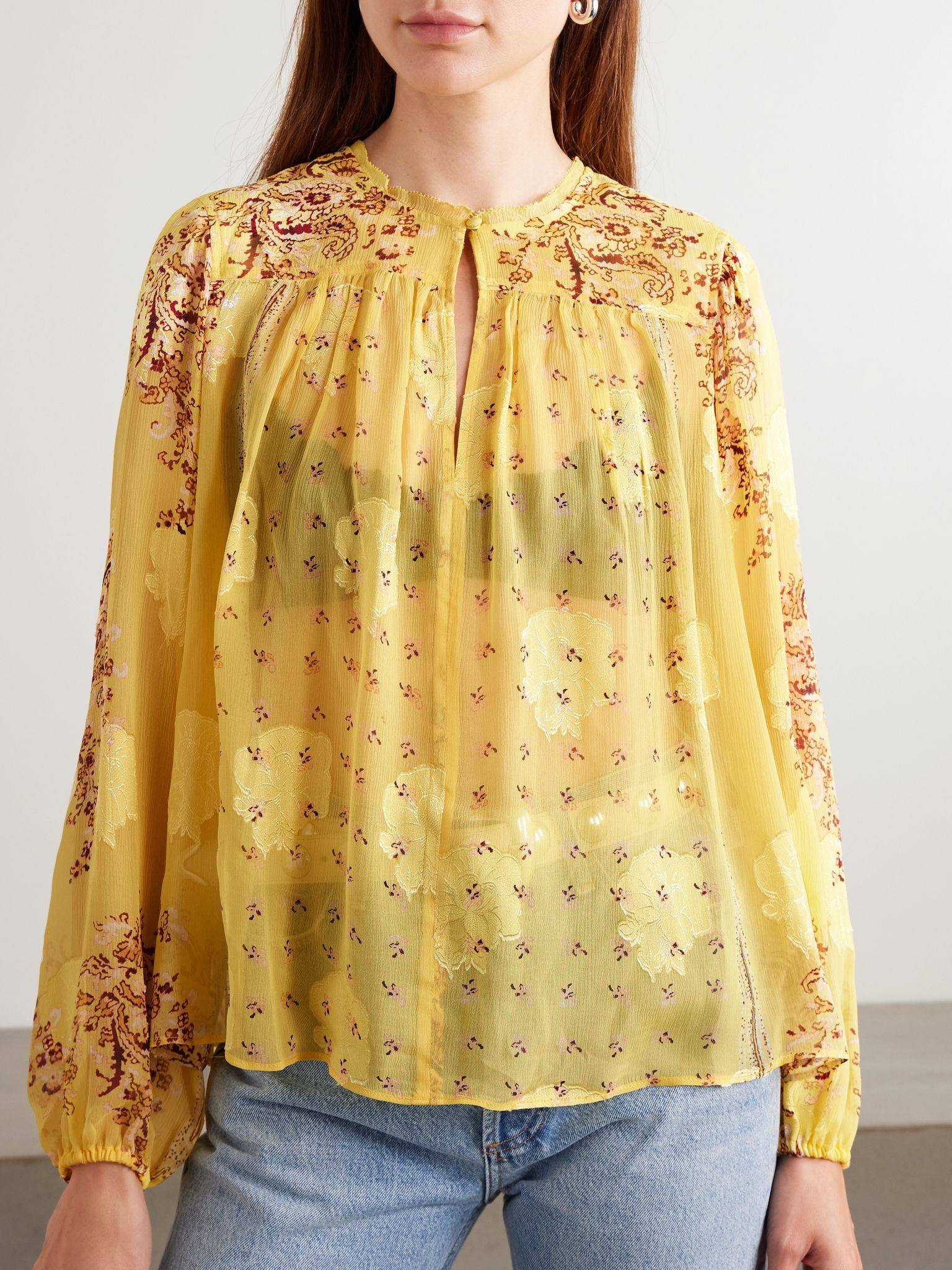 Aster picot-trimmed printed silk-blend crepon blouse Yellow - 3