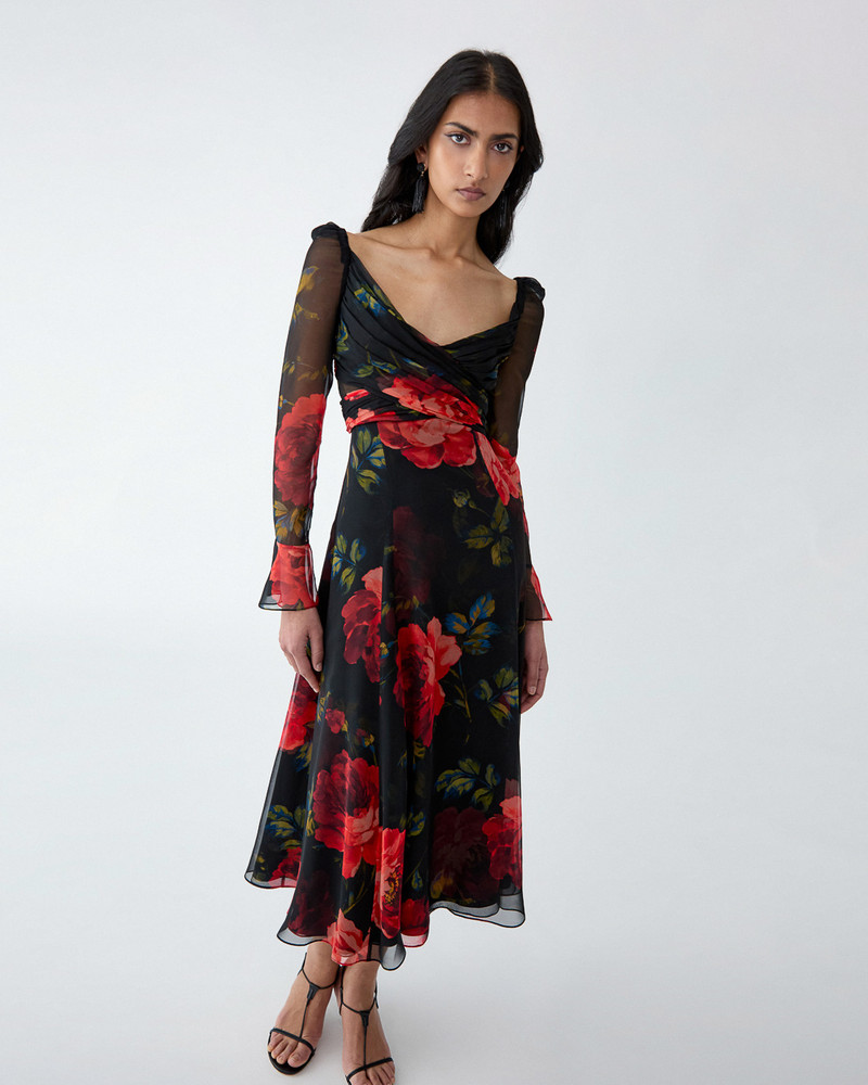 Rose-Print Chiffon V-Neck Midi Dress 4