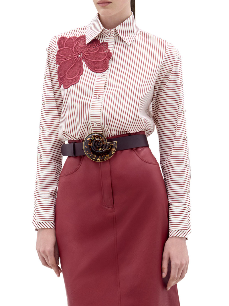 Women's Pinstripe Floral Appliqué Cotton Blouse - Cranberry Stripes 3
