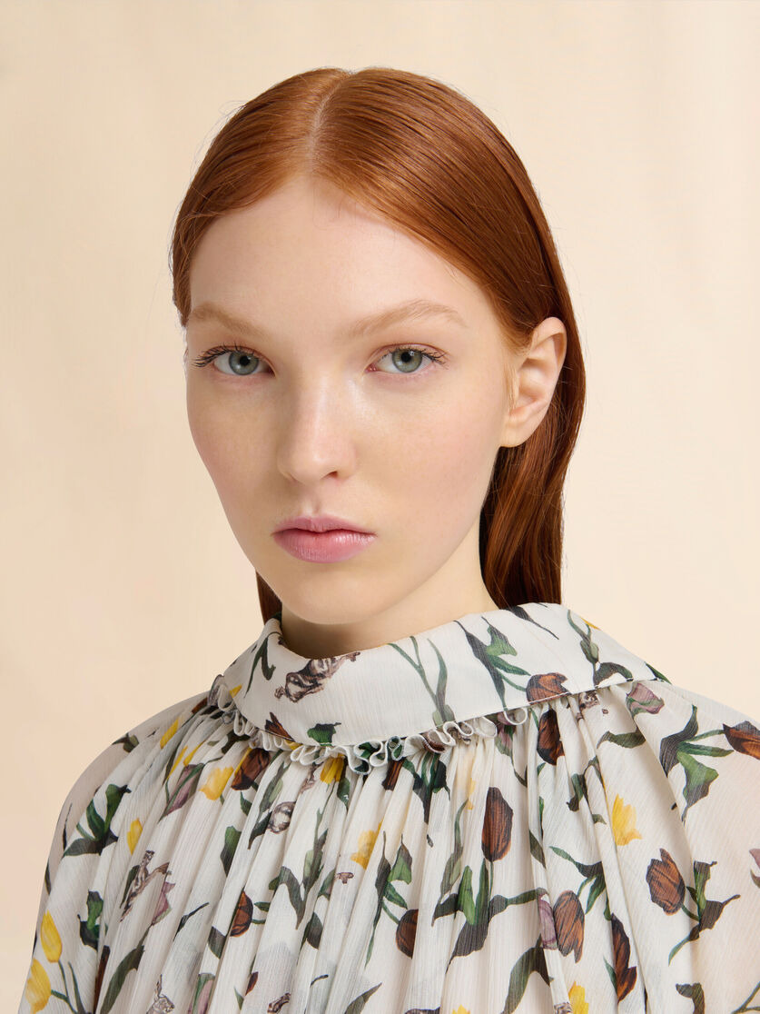 CREAM CHIFFON DRESS WITH TULIPS AND HARES PRINT - 4