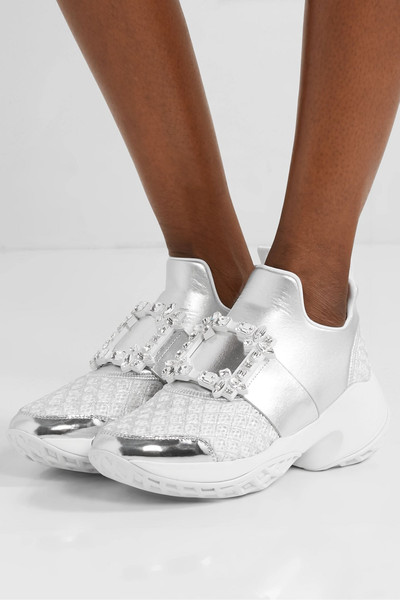 Roger Vivier Viv Run crystal-embellished metallic neoprene, leather and mesh slip-on sneakers outlook