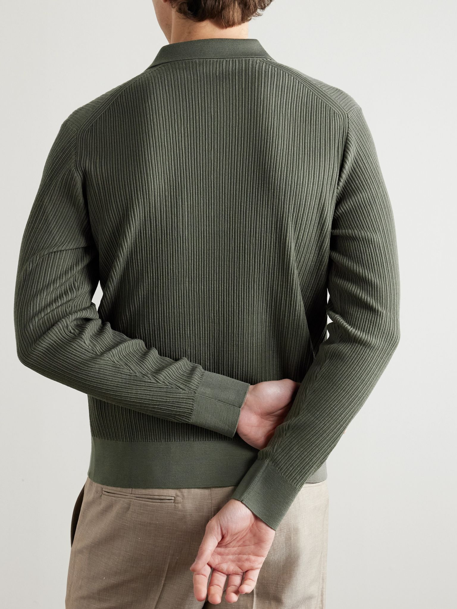 Pointelle-Knit Wool Polo Shirt Green - 4
