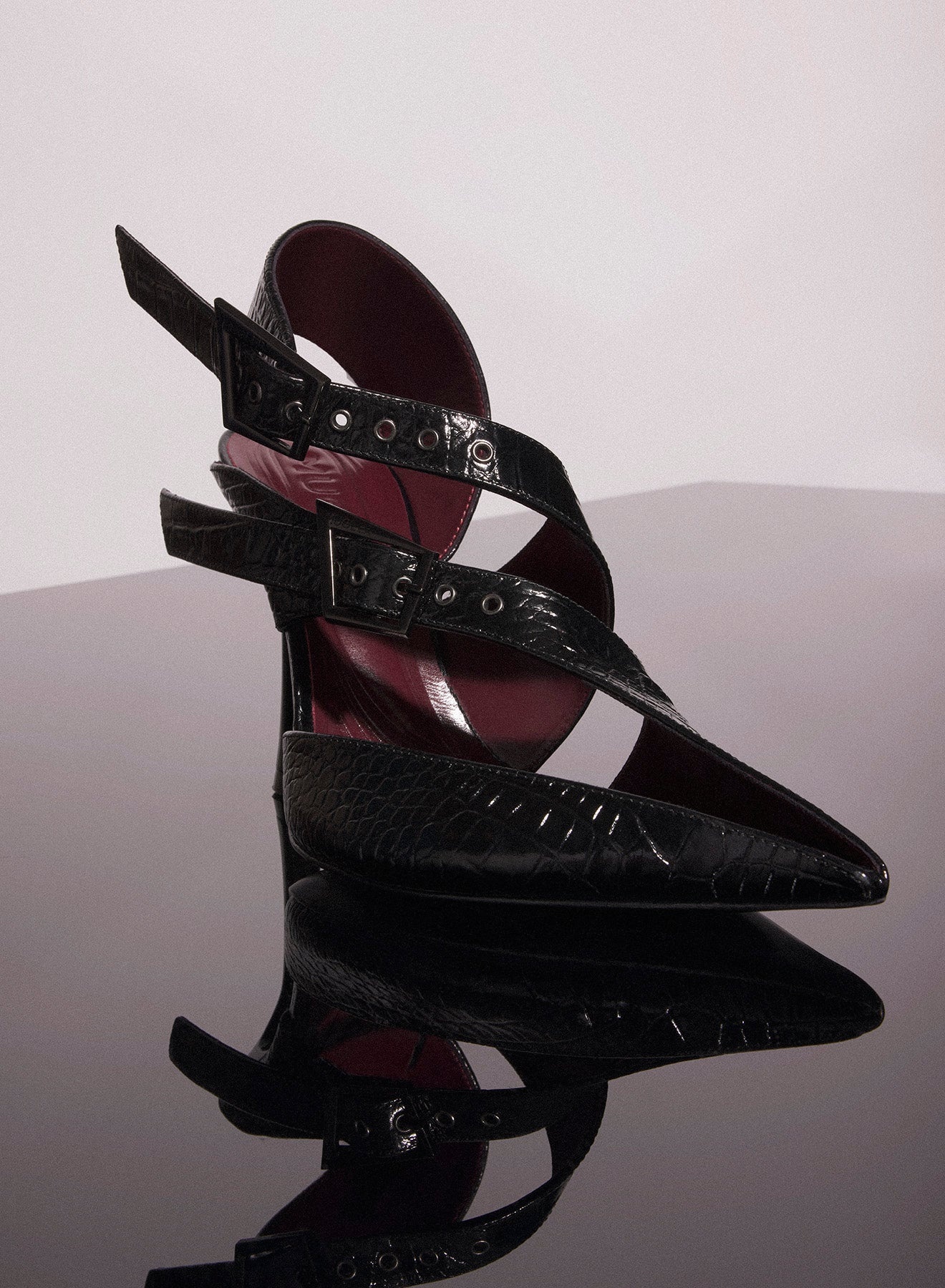 black crocodile embossed leather buckled fang 95 mules - 4