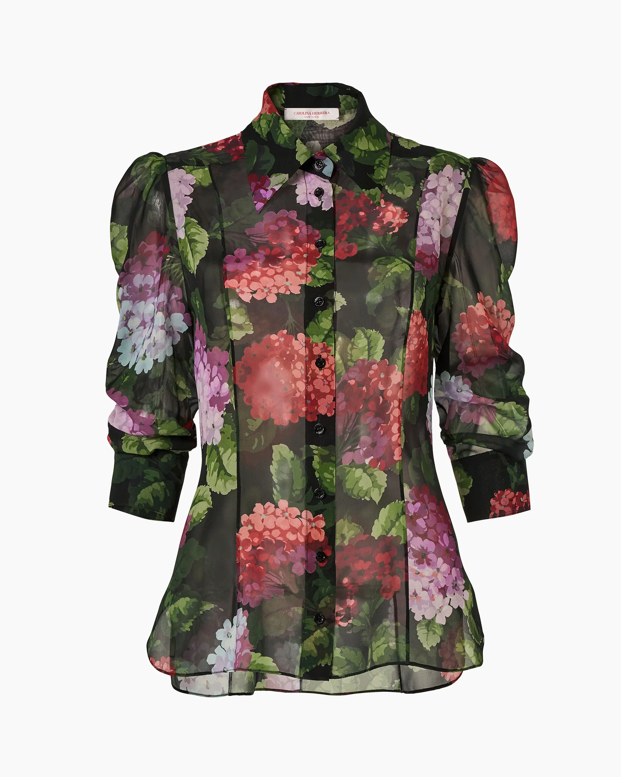 Hydrangea-Print Chiffon Blouse - 1