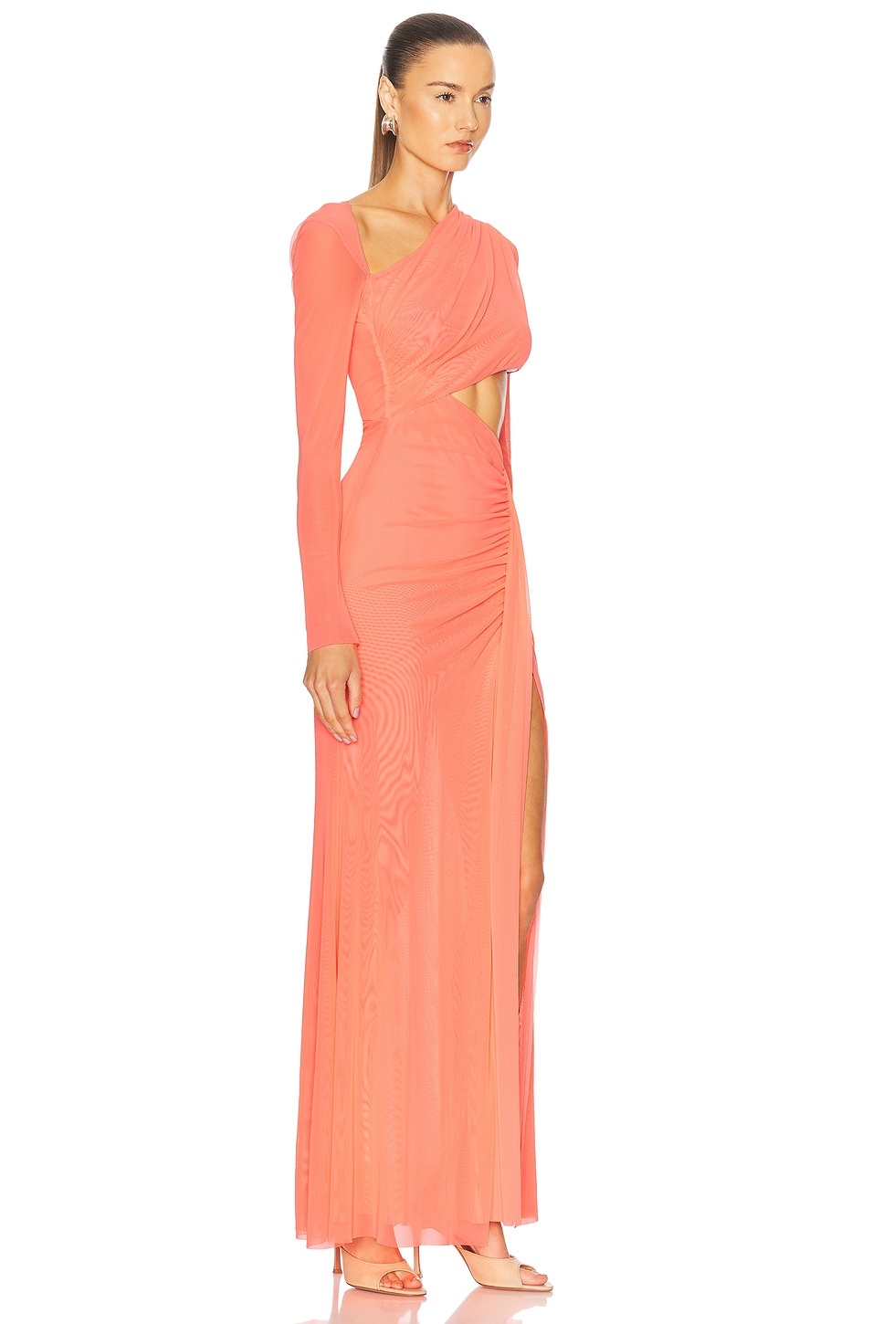 Mesh Asymmetric Cut Out Ruched Gown - 2