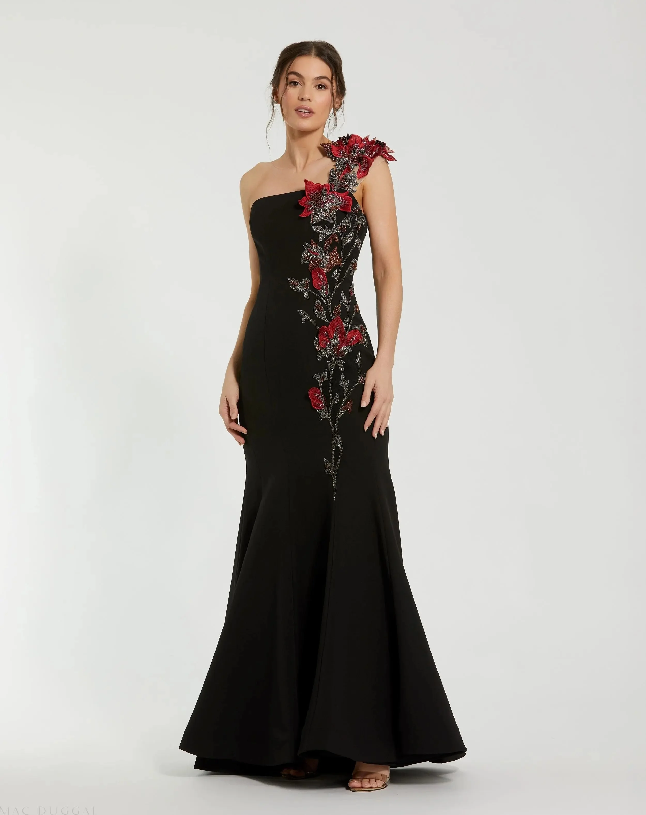 Black One Shoulder Embroidered Mermaid Gown - 1