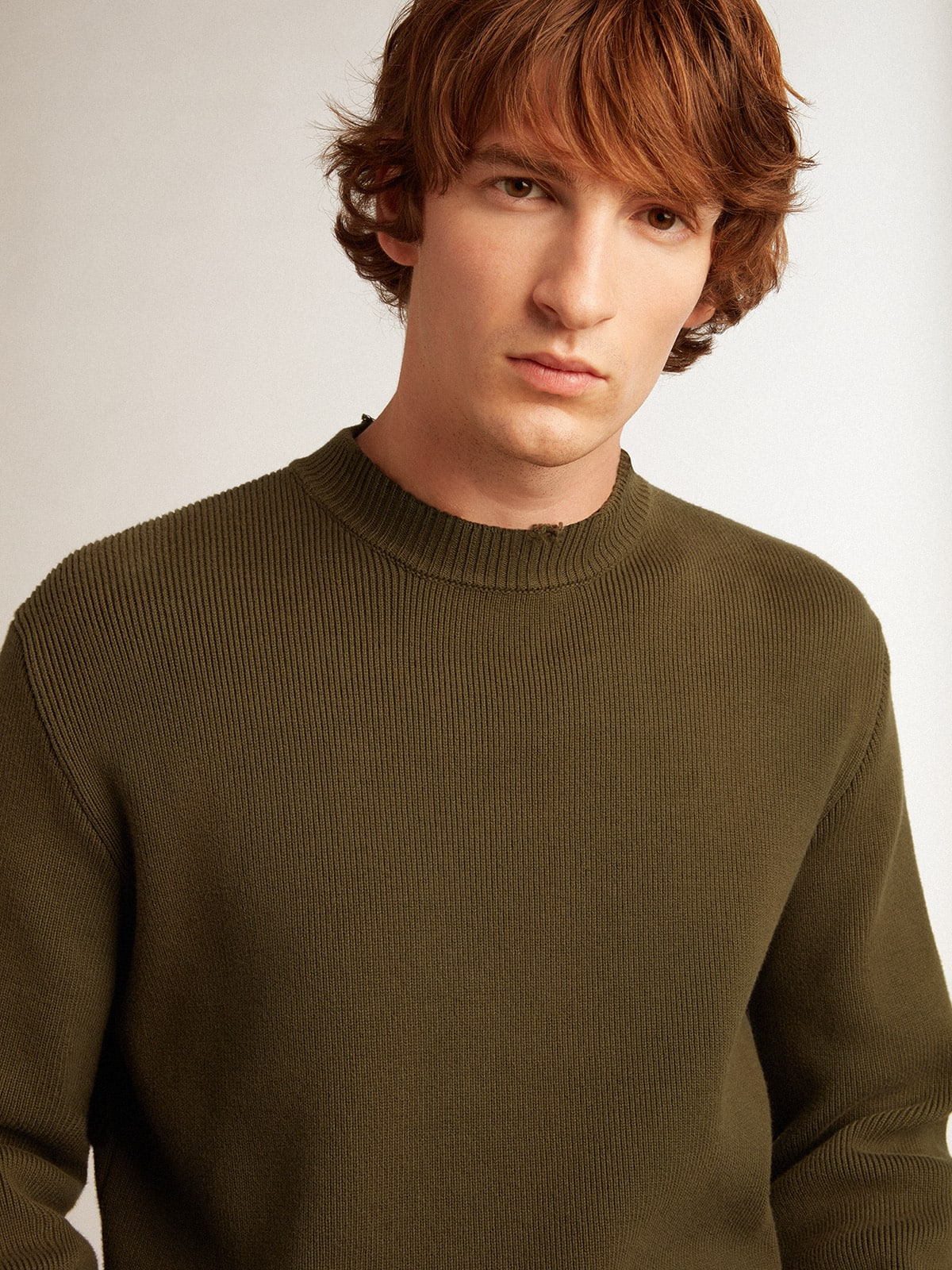 Men's round-neck sweater in military green cotton - 2