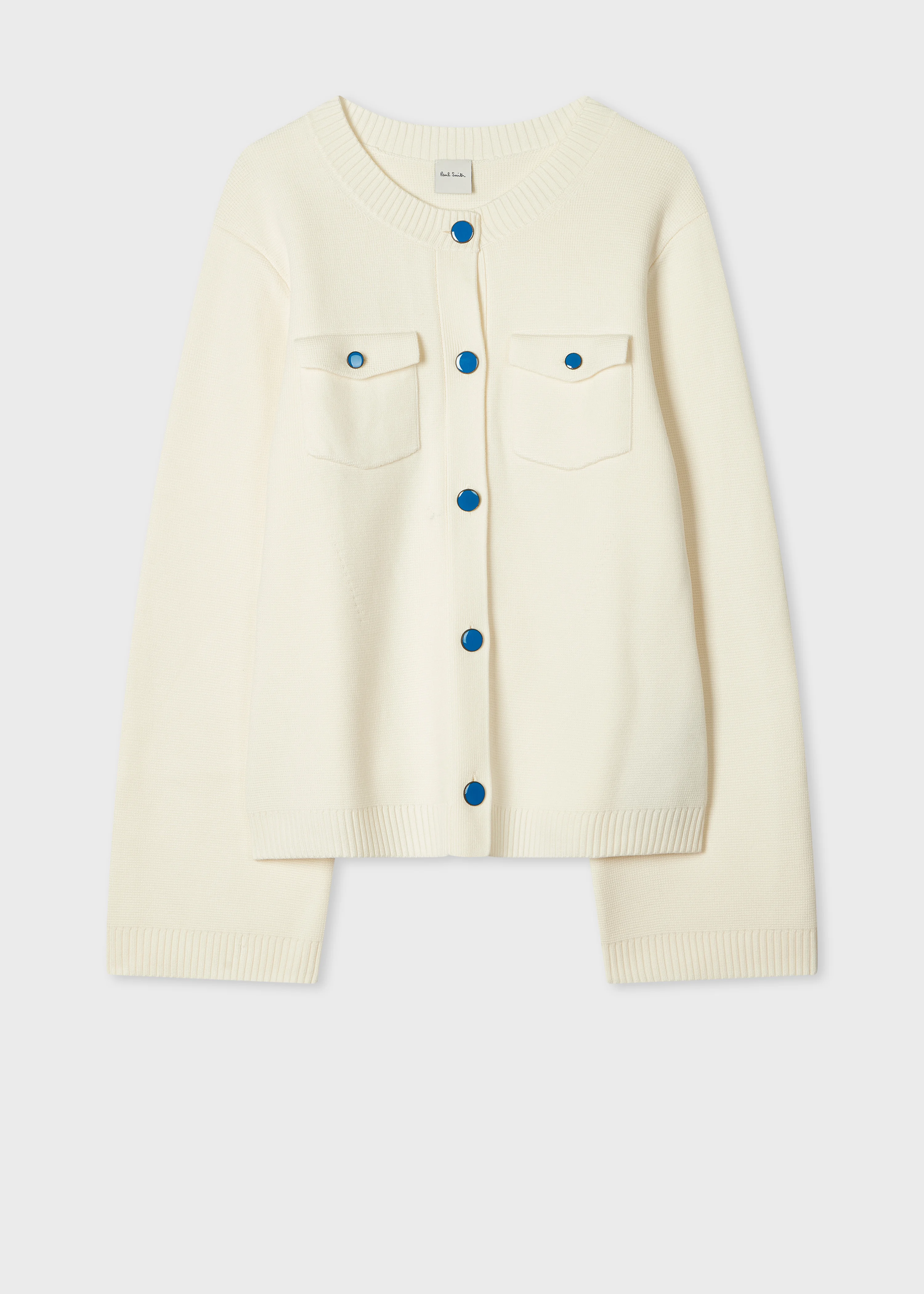 Women's Cream Wool-Blend Cardigan with Blue Buttons - 1
