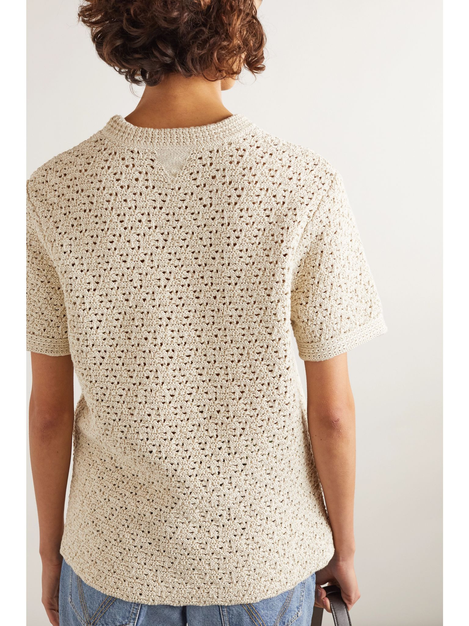 Crochet-knit cotton T-shirt Ivory - 3