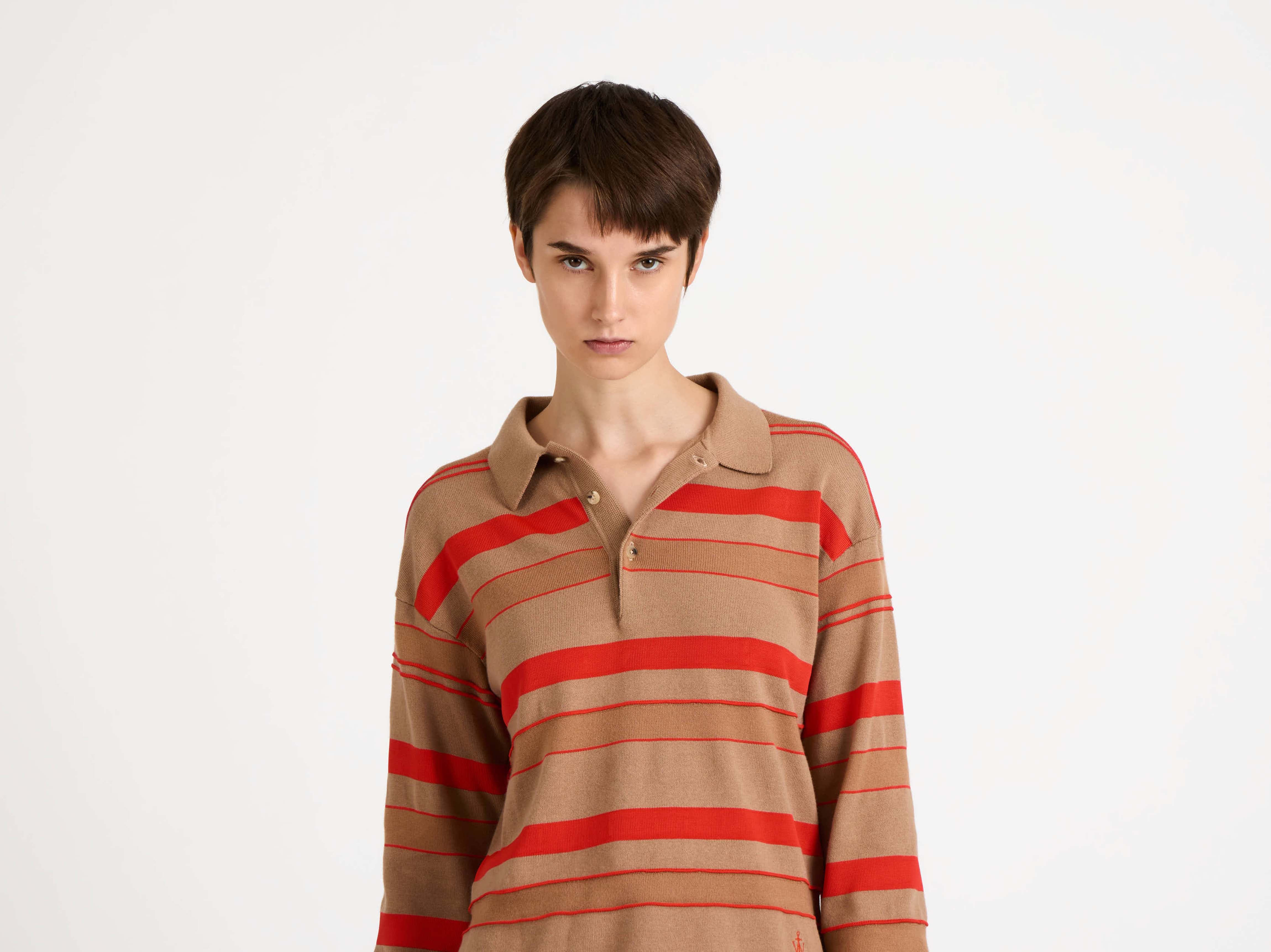 KNITTED STRIPED RUGBY POLO TOP IN BISCUIT - 6