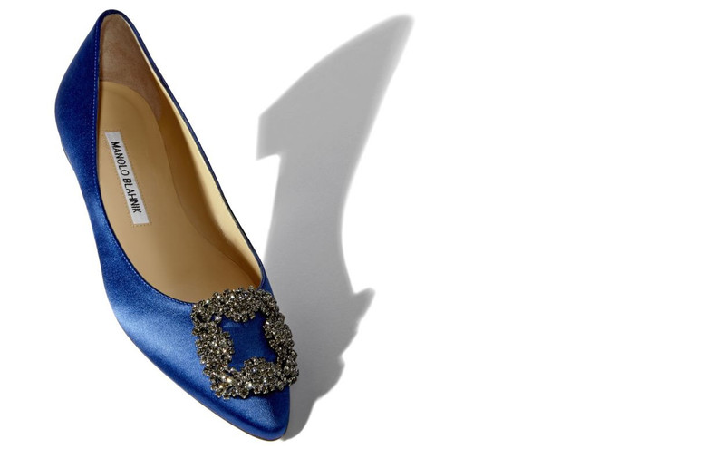 Manolo Blahnik Blue Satin Jewel Buckle Flat Shoes outlook