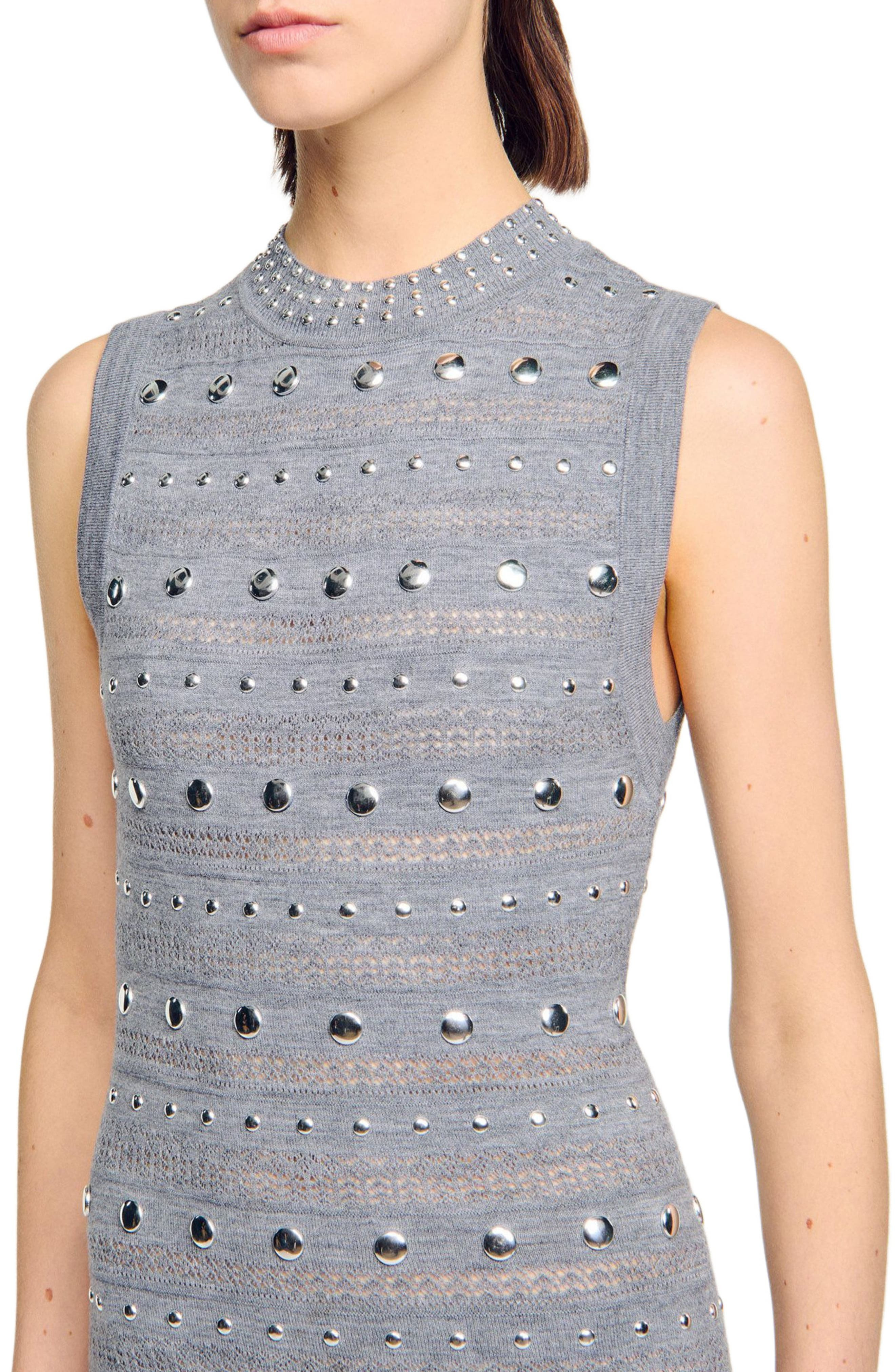 SANDRO Knit maxi dress with studs in Grey at Nordstrom - 4