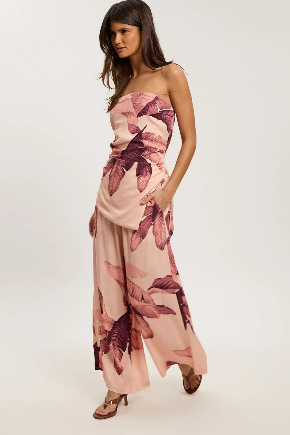 Petite Viscose Linen Palm Print Trouser - 1