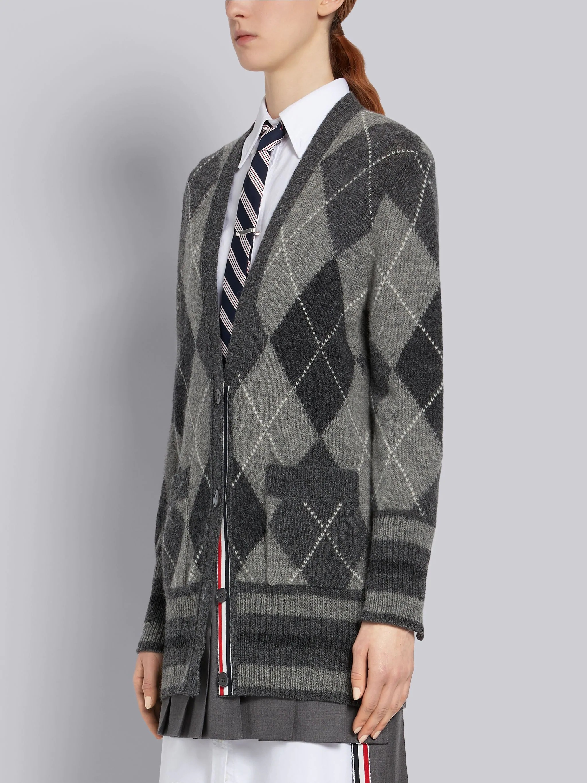 Grey Shetland Wool Oversized Argyle V-Neck Cardigan - 2